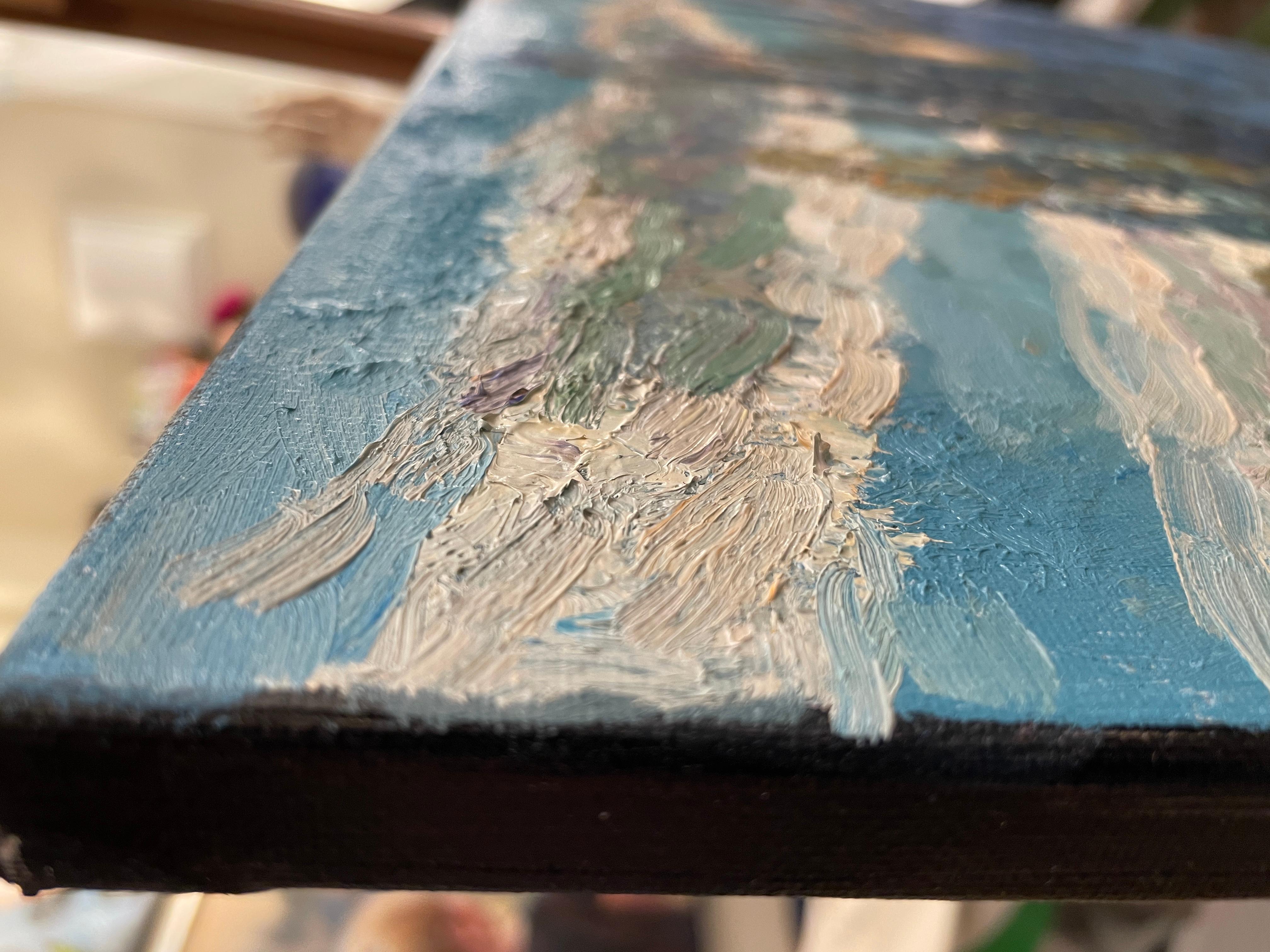“Winter sunset” Impressionistic oil landscape painting. Horizontal. Blue.Impasto For Sale 6