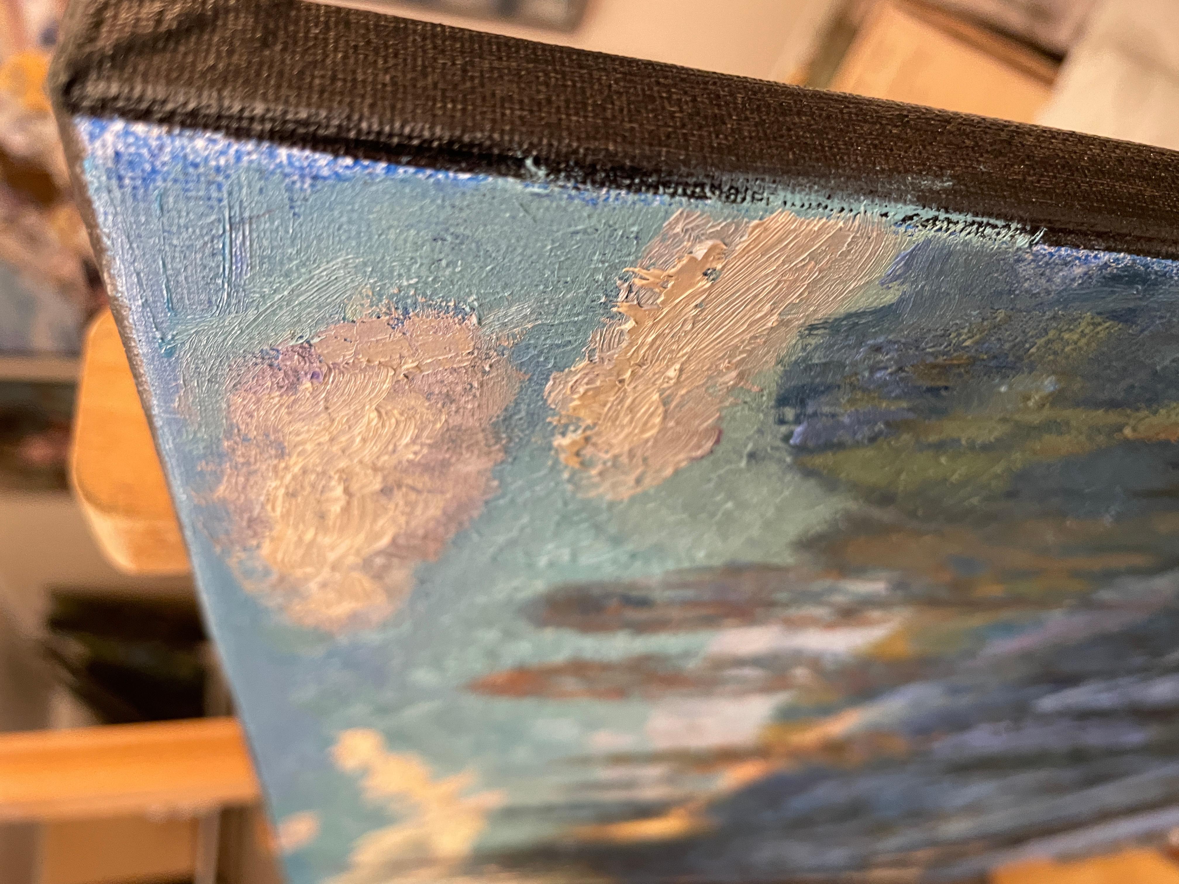“Winter sunset” Impressionistic oil landscape painting. Horizontal. Blue.Impasto For Sale 7