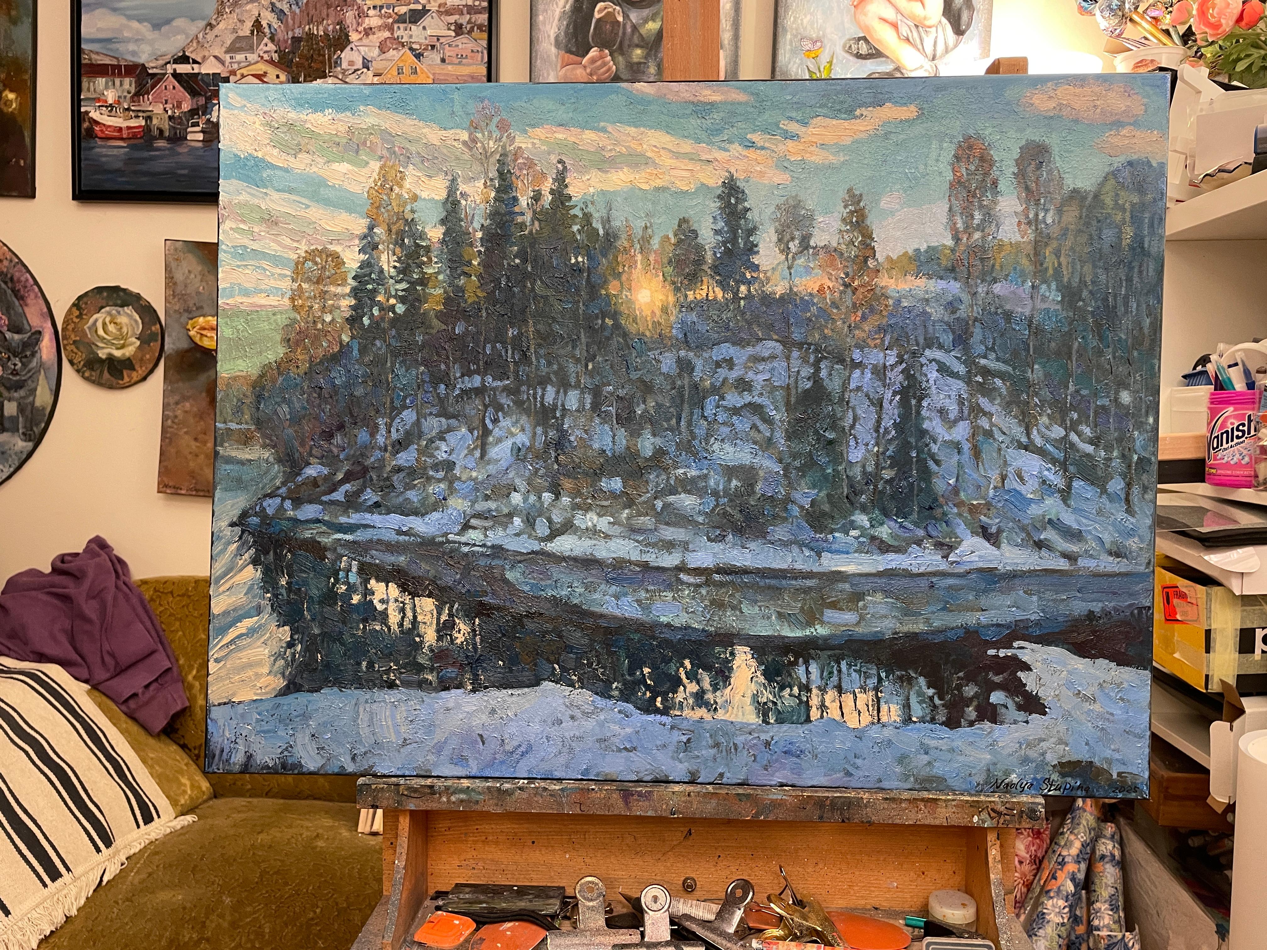 “Winter sunset” Impressionistic oil landscape painting. Horizontal. Blue.Impasto For Sale 8