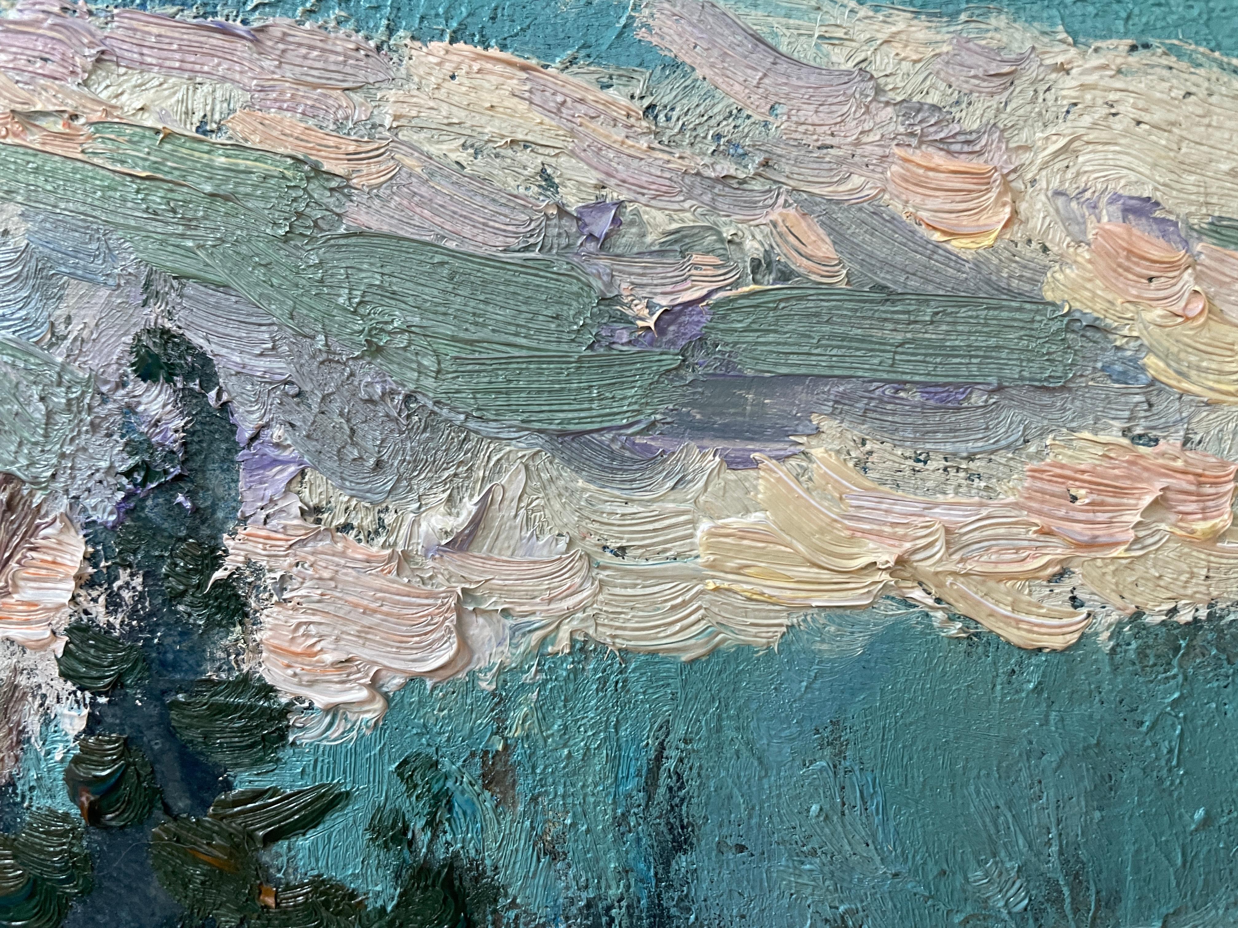 “Winter sunset” Impressionistic oil landscape painting. Horizontal. Blue.Impasto For Sale 10