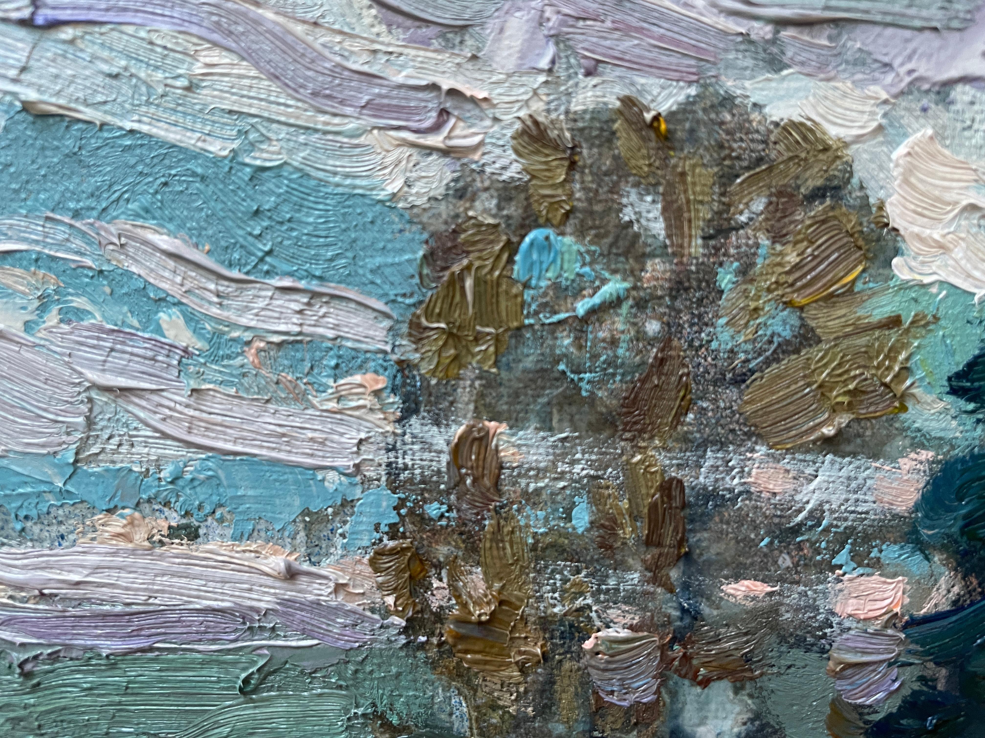 “Winter sunset” Impressionistic oil landscape painting. Horizontal. Blue.Impasto For Sale 13