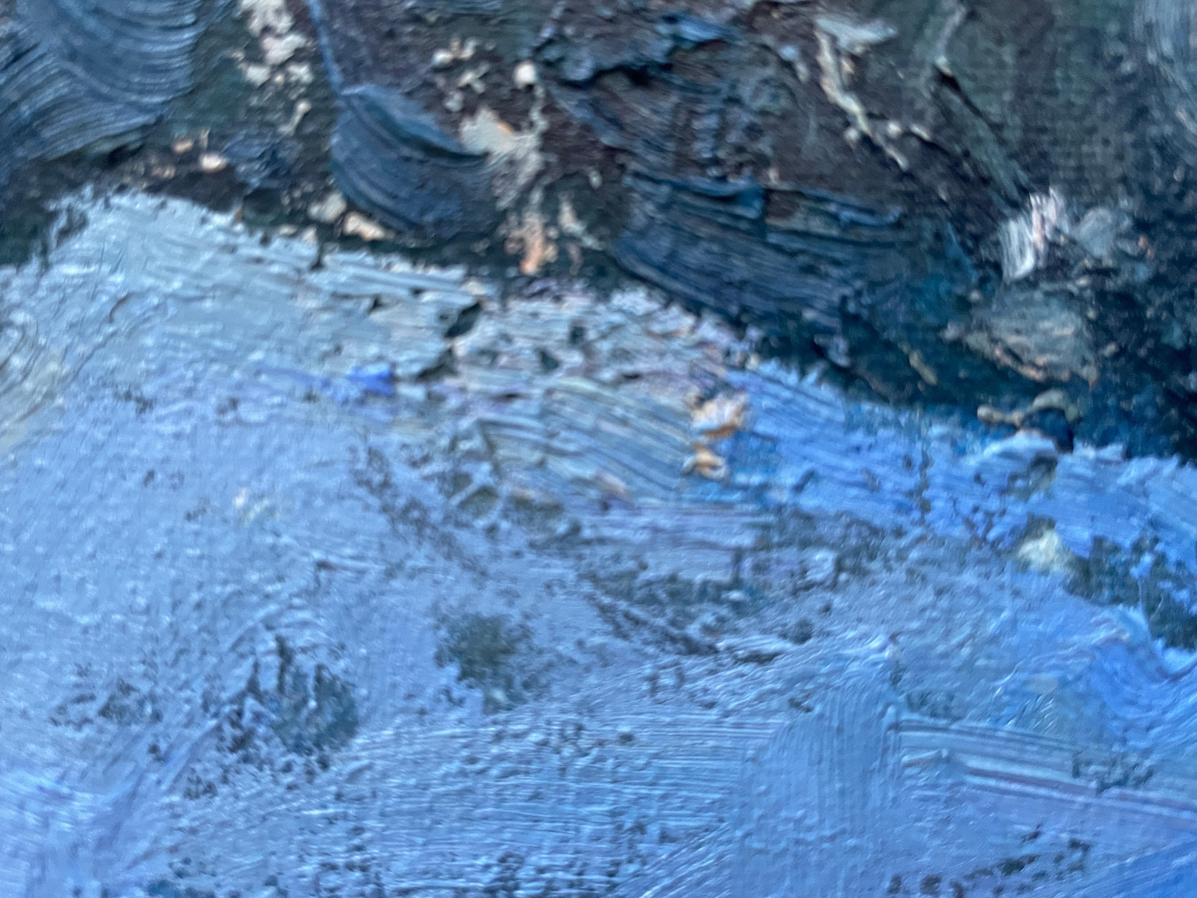 “Winter sunset” Impressionistic oil landscape painting. Horizontal. Blue.Impasto For Sale 14