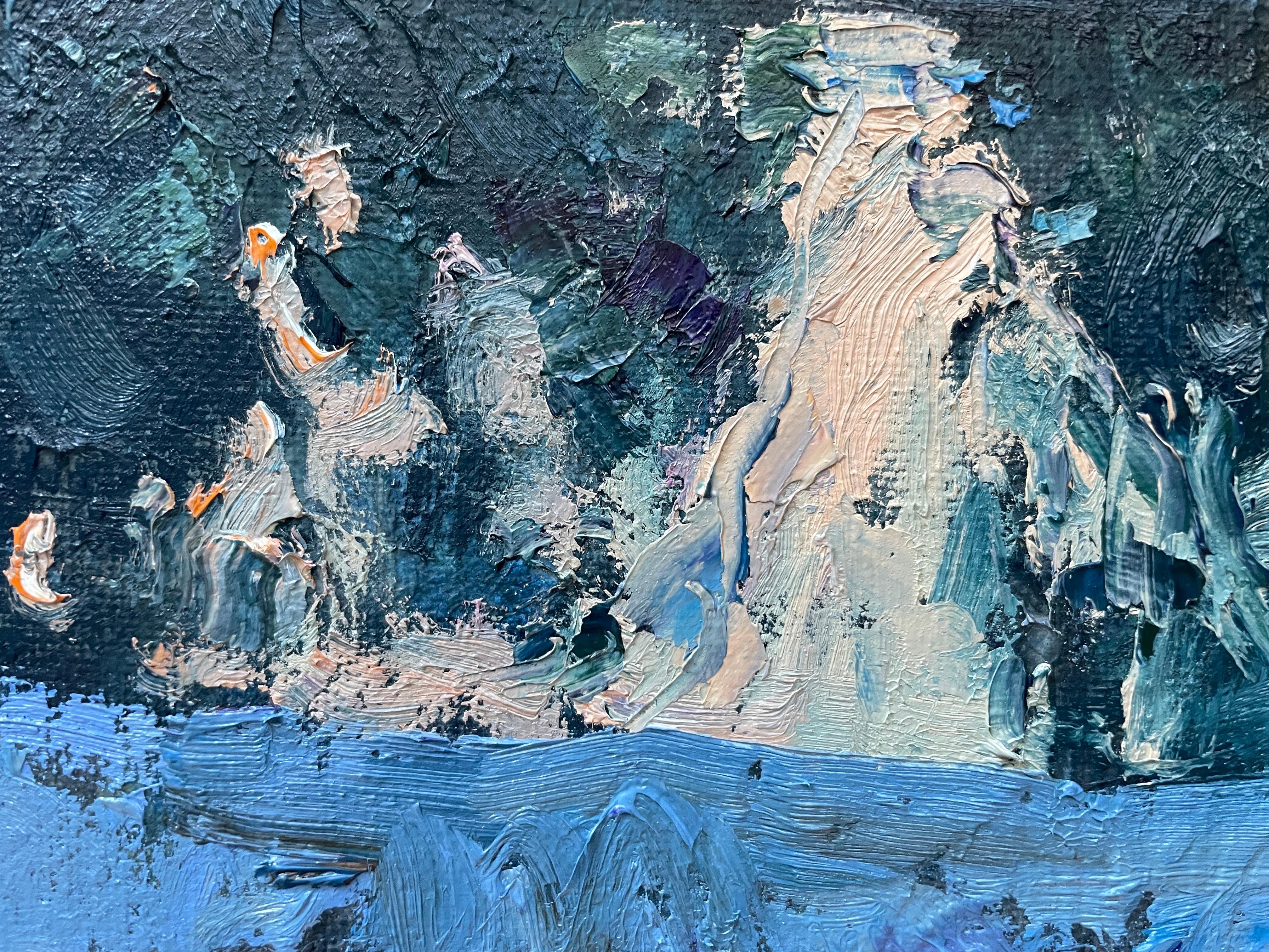 “Winter sunset” Impressionistic oil landscape painting. Horizontal. Blue.Impasto For Sale 15