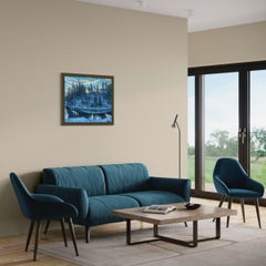 Coucher de soleil en hiver Peinture impressionniste de paysage à l'huile. Horizontal. Bleu.Impasto