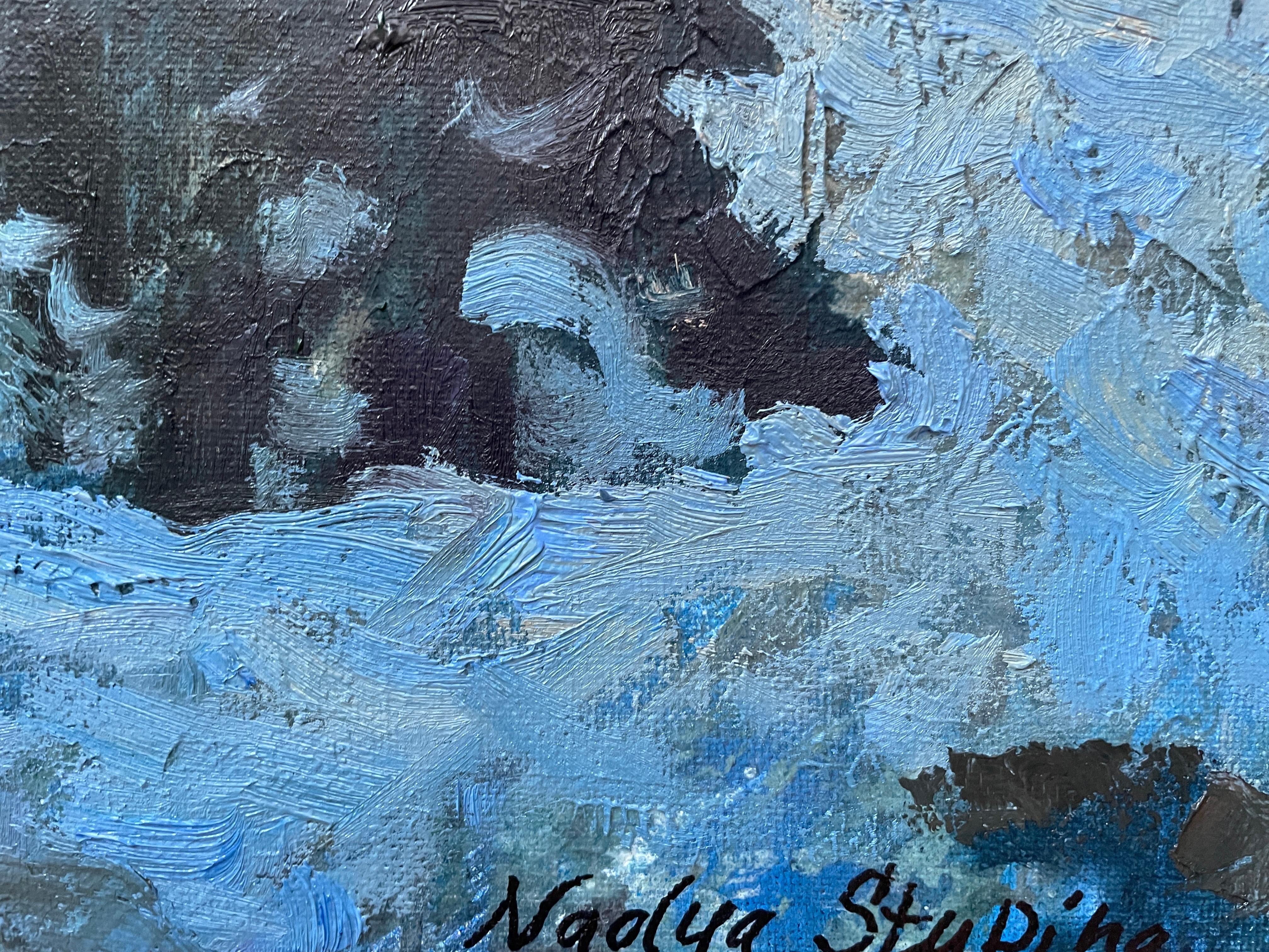 “Winter sunset” Impressionistic oil landscape painting. Horizontal. Blue.Impasto For Sale 16