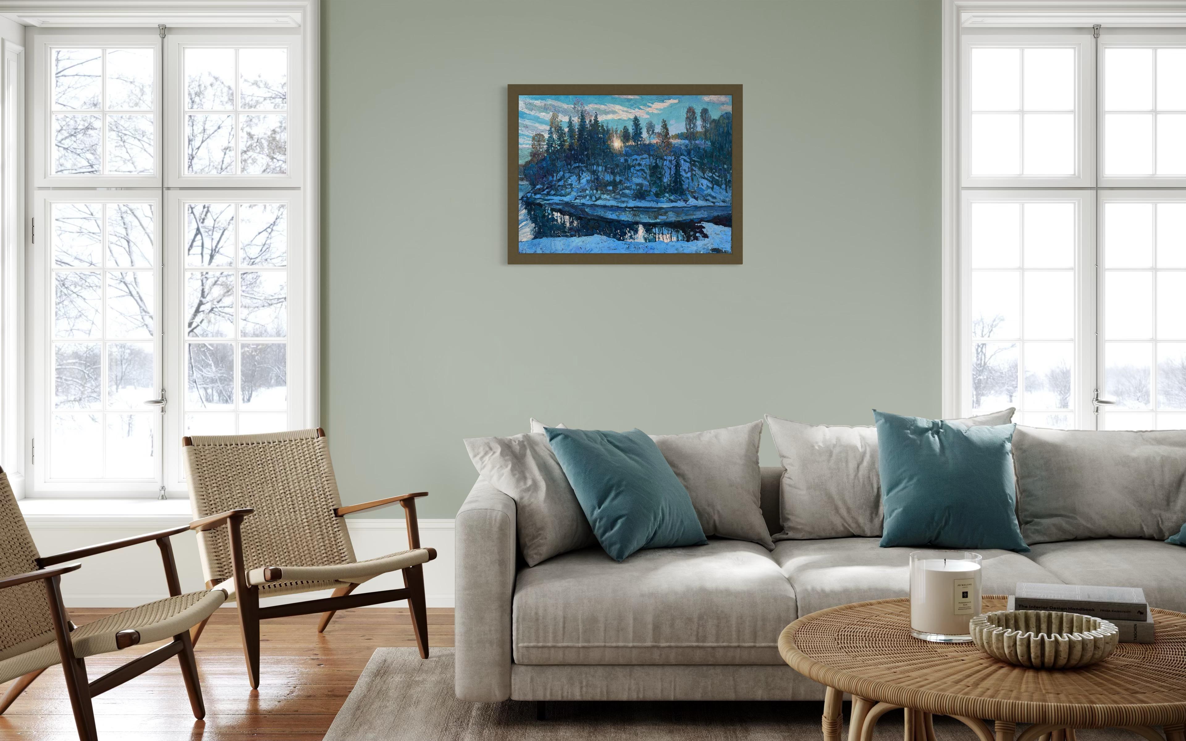 “Winter sunset” Impressionistic oil landscape painting. Horizontal. Blue.Impasto For Sale 5