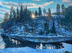 Coucher de soleil en hiver Peinture impressionniste de paysage à l'huile. Horizontal. Bleu.Impasto