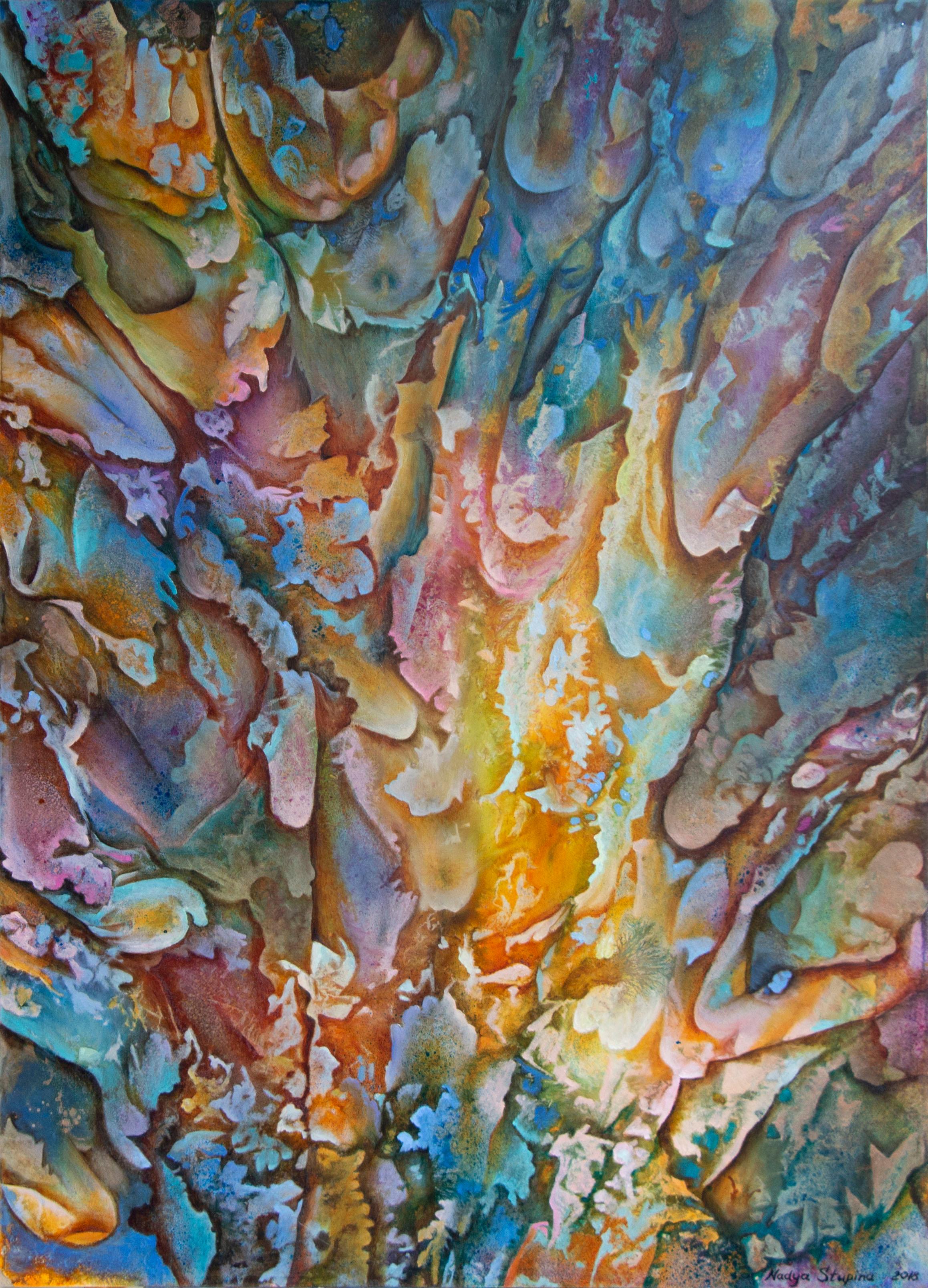 Abstract Painting de Nadezda Stupina - "Árbol de la sabiduría" Pintura al óleo vertical semiabstracta sobre cartón rígido . Tamaño grande