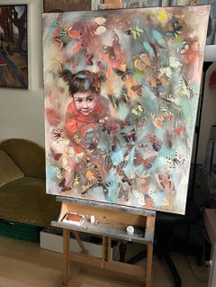 "Maravilla"  Pintura acrílica contemporánea .  Chica  mariposas .Vertical  .