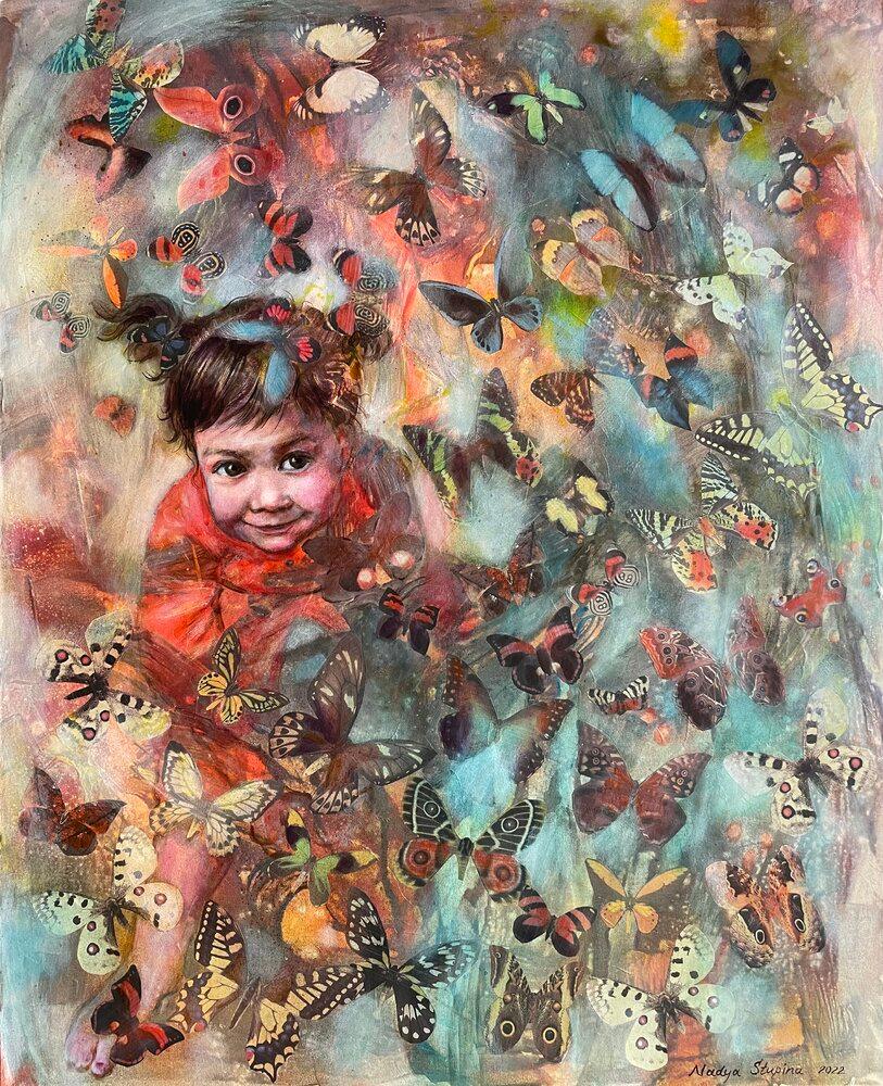"Wonder"  Contemporary acrylic painting .  Girl  , butterflies .Vertical  .