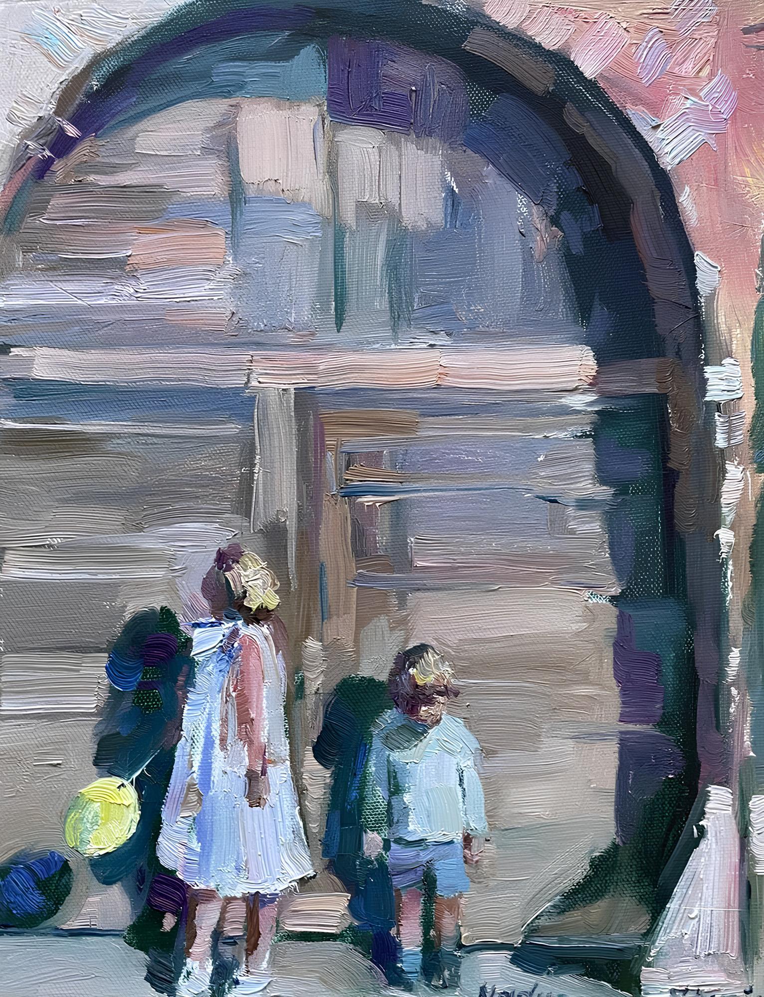 Nadezda Stupina Figurative Painting – „Yellow Balloon“ Original figuratives Gemälde. Kleines vertikales Ölgemälde auf Leinwand