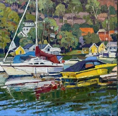 "Bateau jaune à Paddehavet" Paysage impressionniste original. Harbour.Summer.