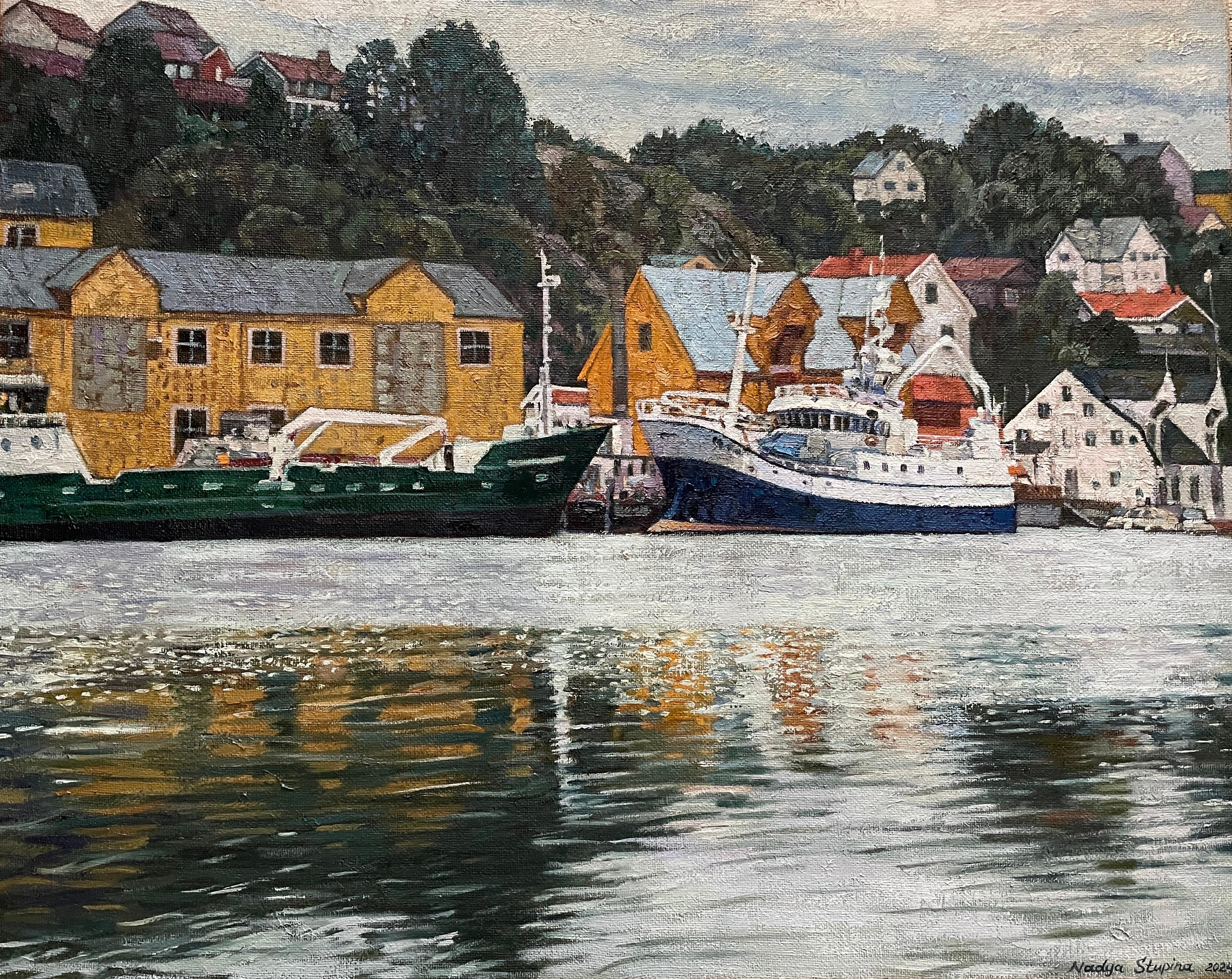 "Yellow harbour" Original landscape painting . Large, oil on canvas