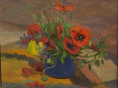 "Poppies" Oil cm. 30 x 38 , Flowers, red, 1960 , shipping free
