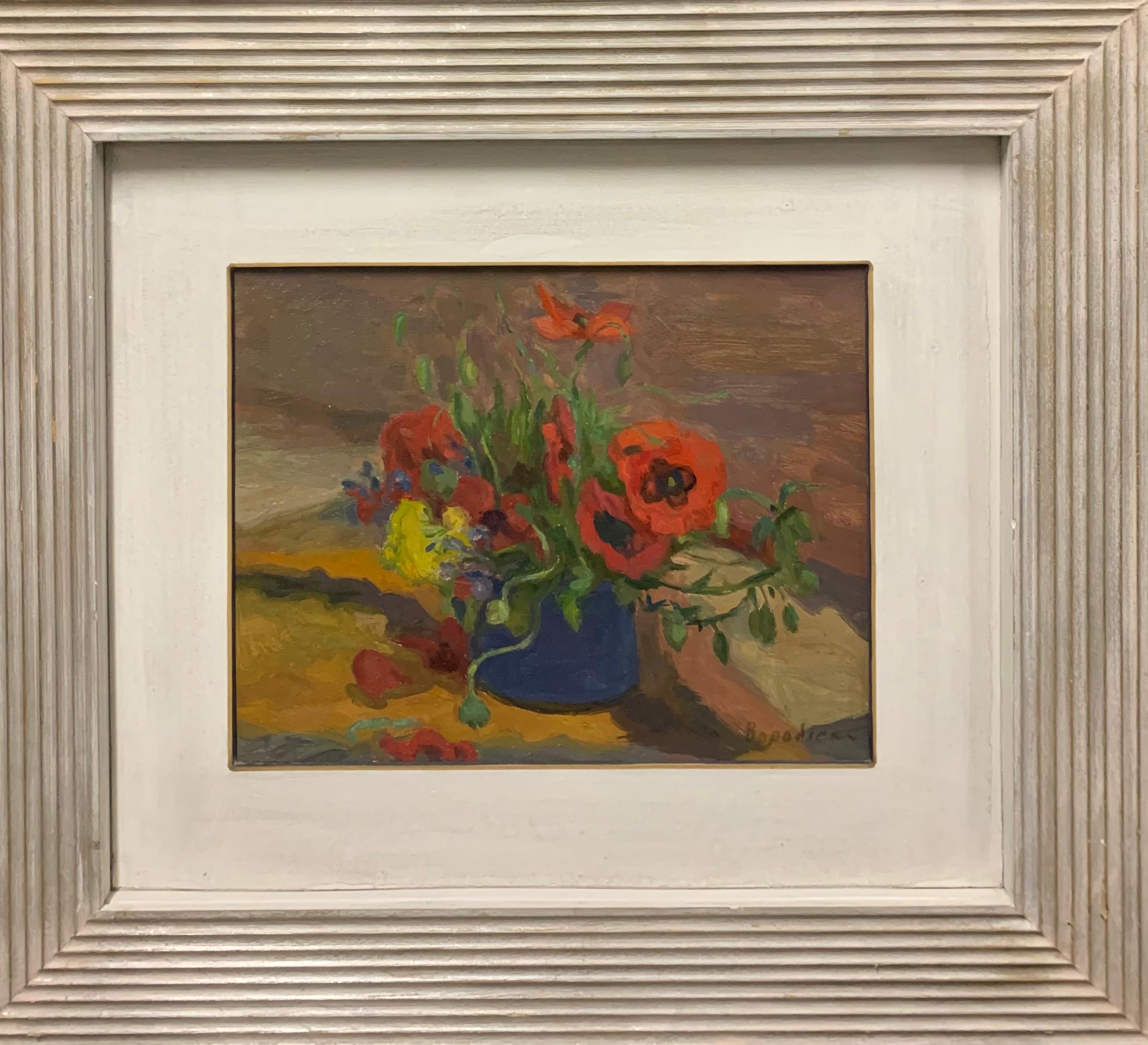 Nadezhda VOROBIEVA Figurative Painting - "Poppies" Oil cm. 30 x 38 , Flowers, red, 1960 , shipping free