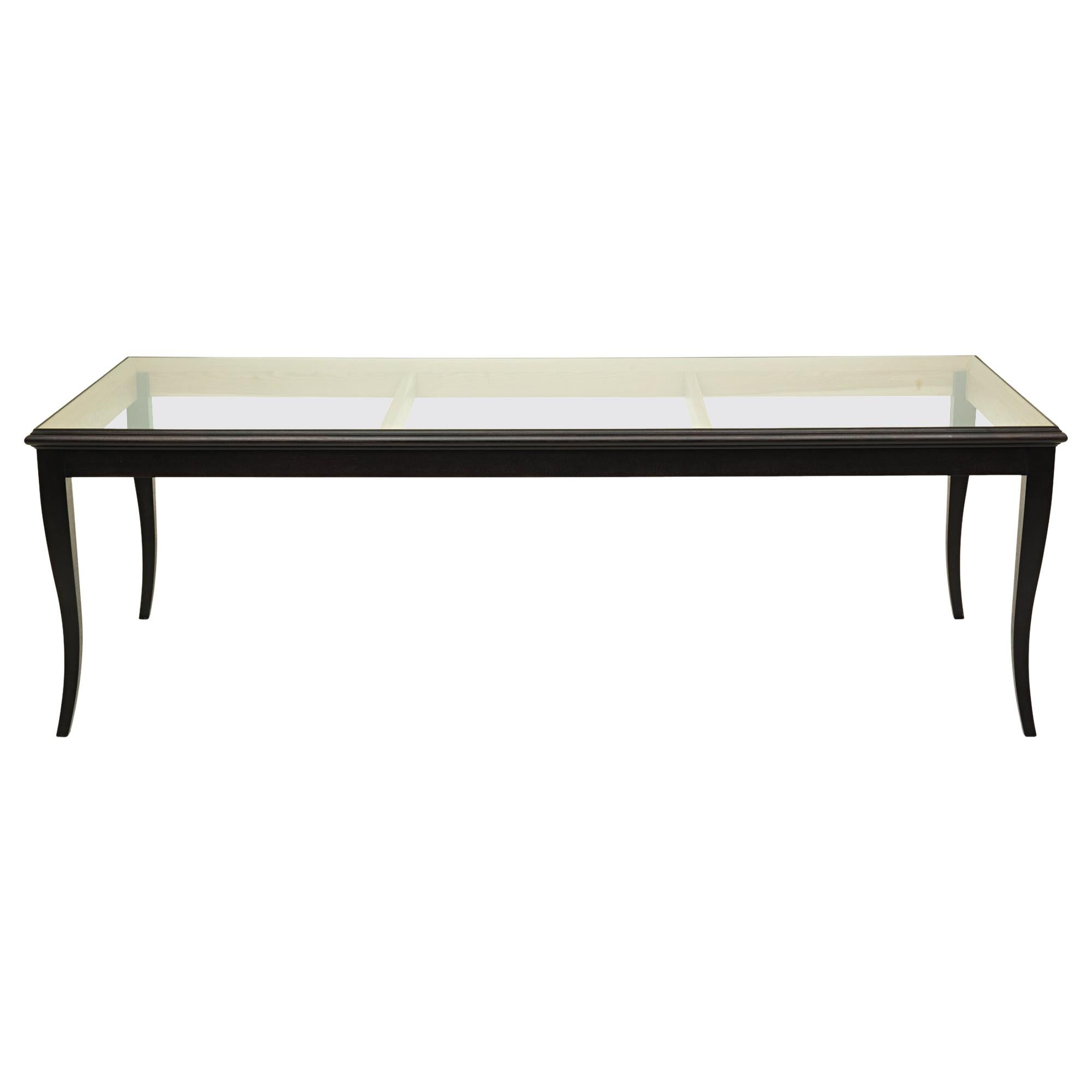 21st Century Modern Wooden Table With Carved Frame And Glass Top For Sale