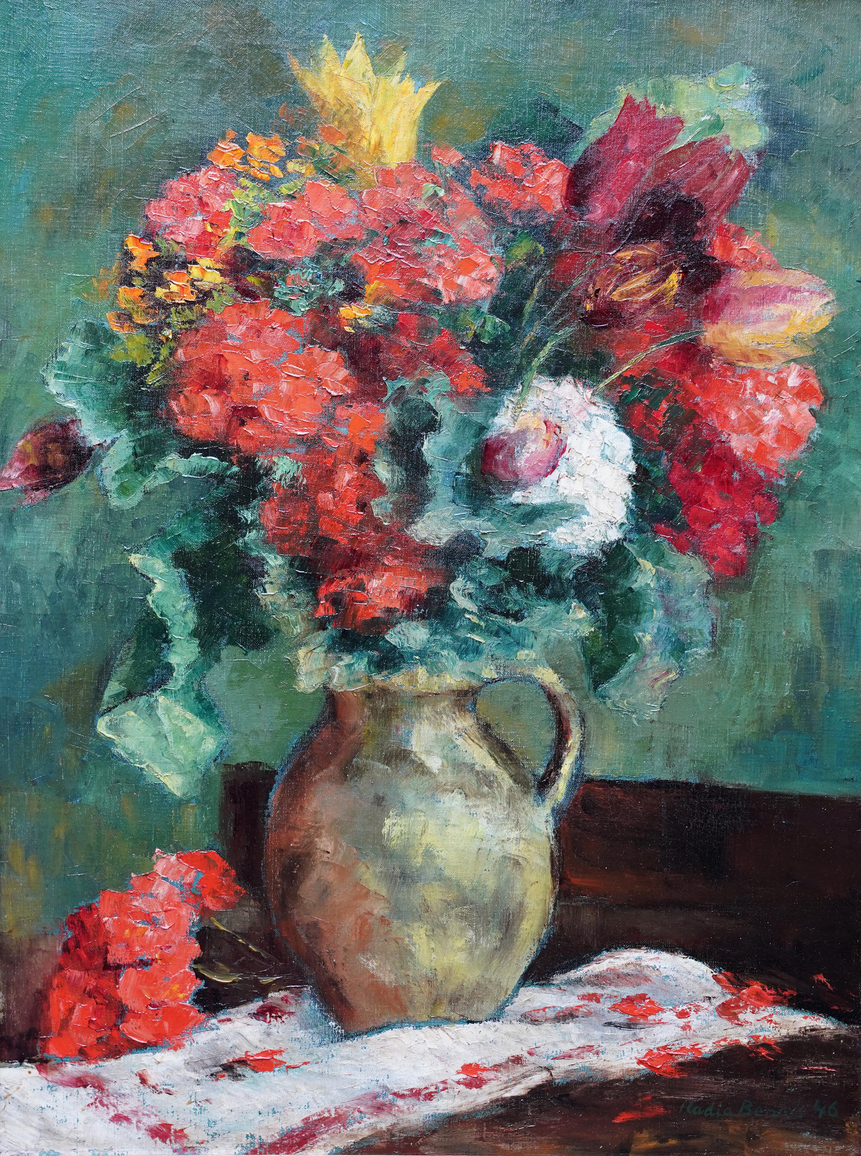 Still Life of Flowers in Jug - Post Impressionist 1940's art floral oil painting For Sale 8