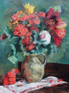 Still Life of Flowers in Jug - Post Impressionist 1940's art floral oil painting