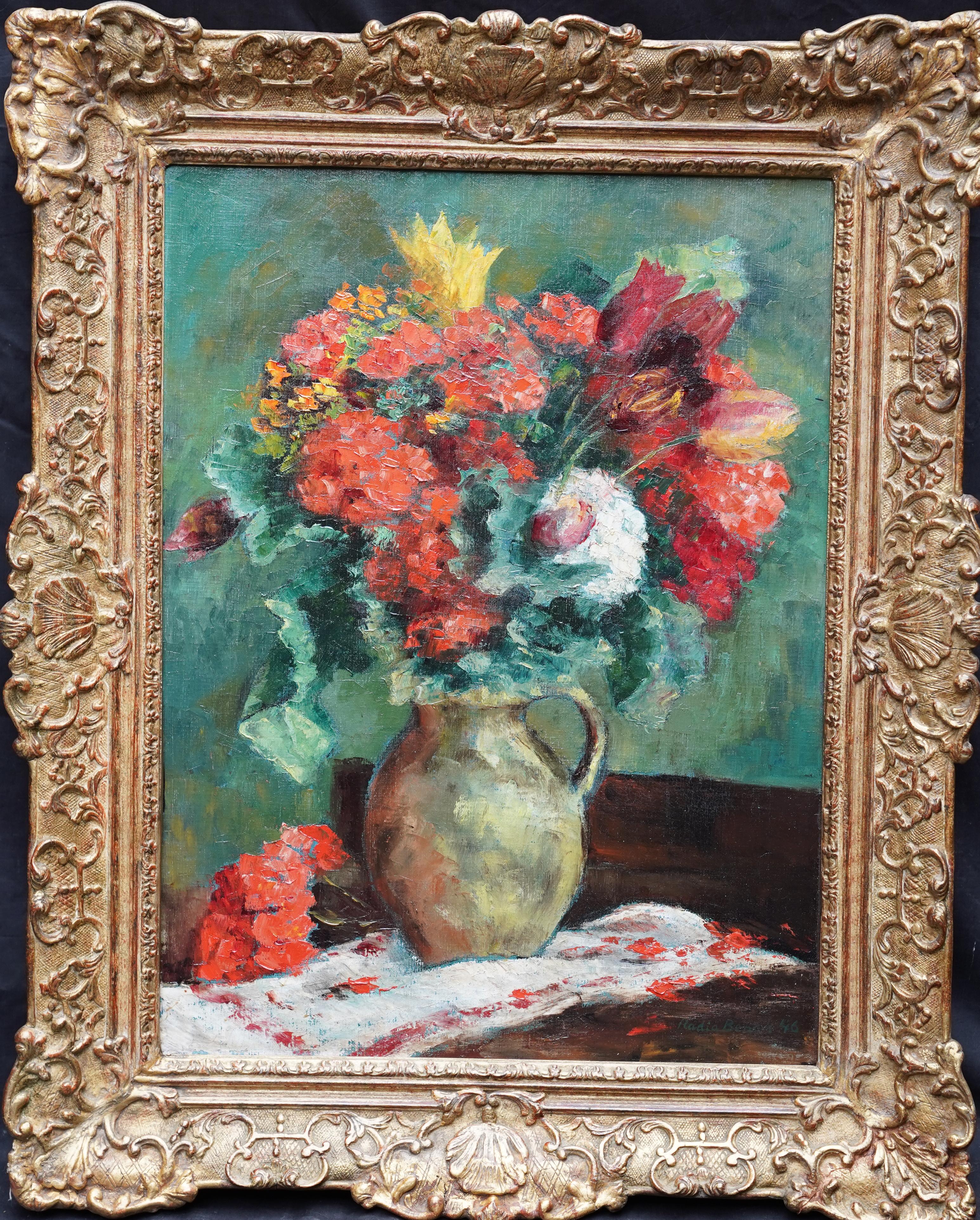 Nadia Benois Still-Life Painting – Blumenstillleben im Krug - Postimpressionistisches Ölgemälde aus den 1940er Jahren mit Blumenmotiven