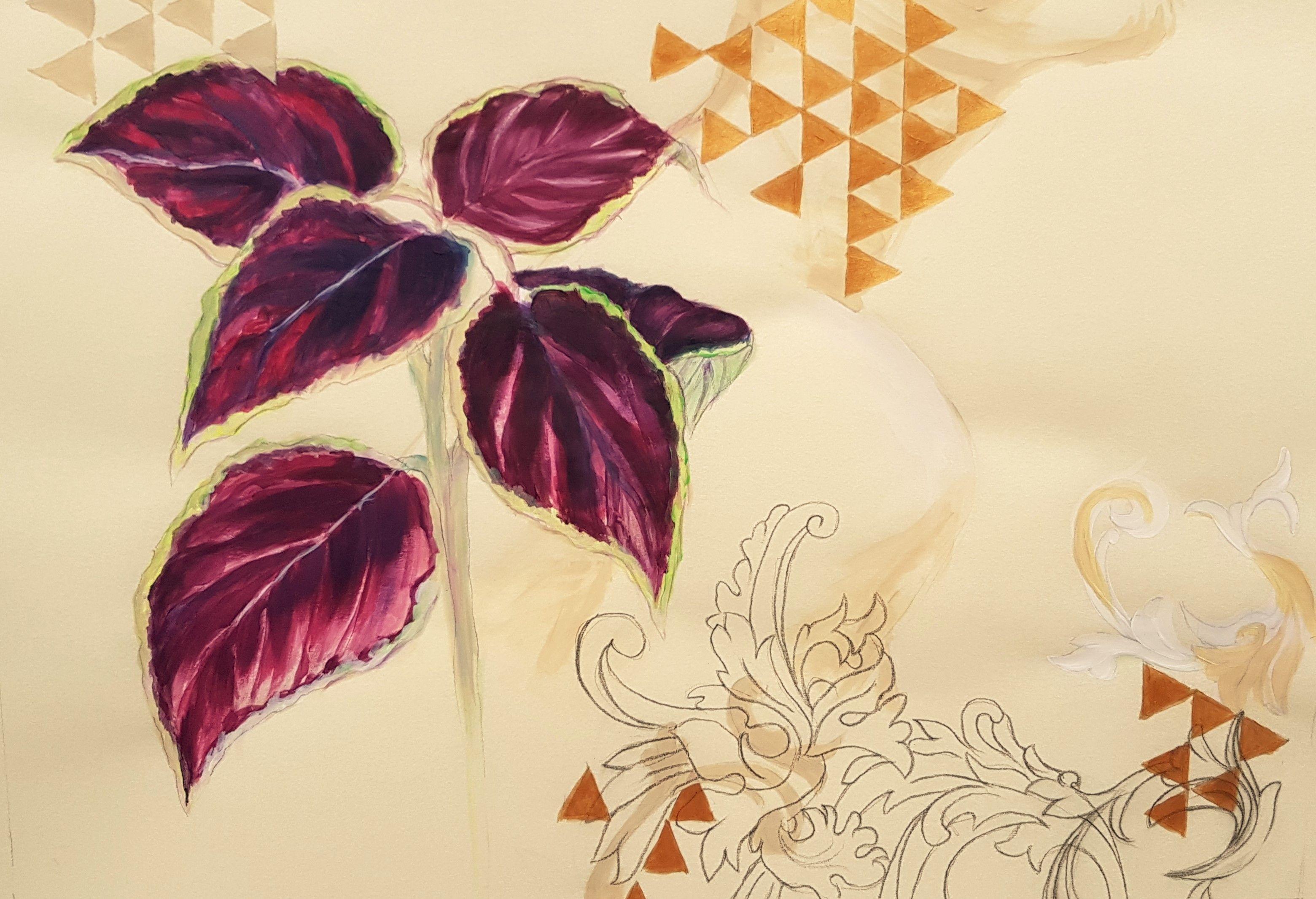 Coleus and Fake Gold, Mixed Media on Paper - Contemporary Mixed Media Art by Nadia NL