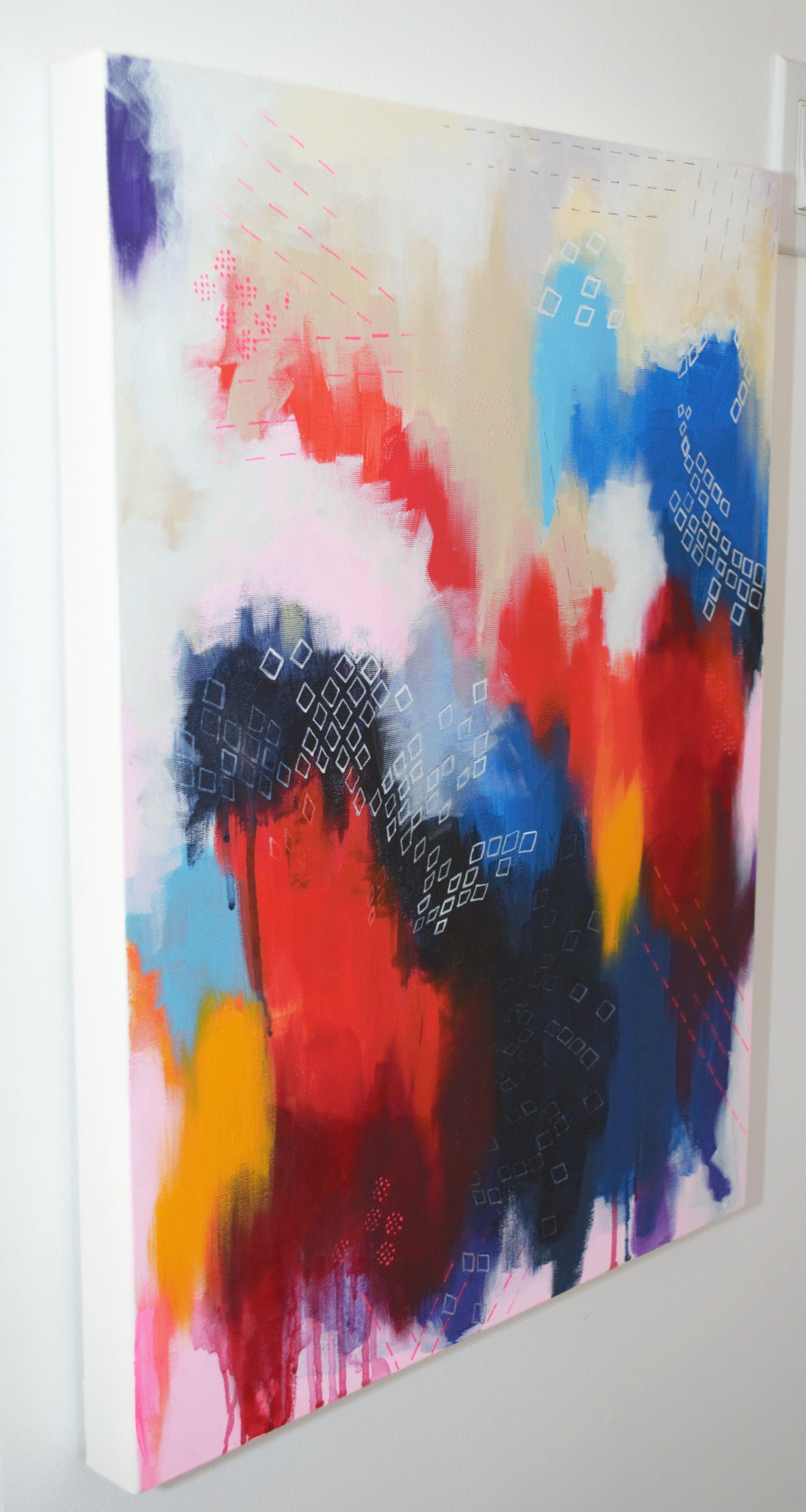 Kilim II, peinture, acrylique sur toile - Rose Abstract Painting par Nadia NL