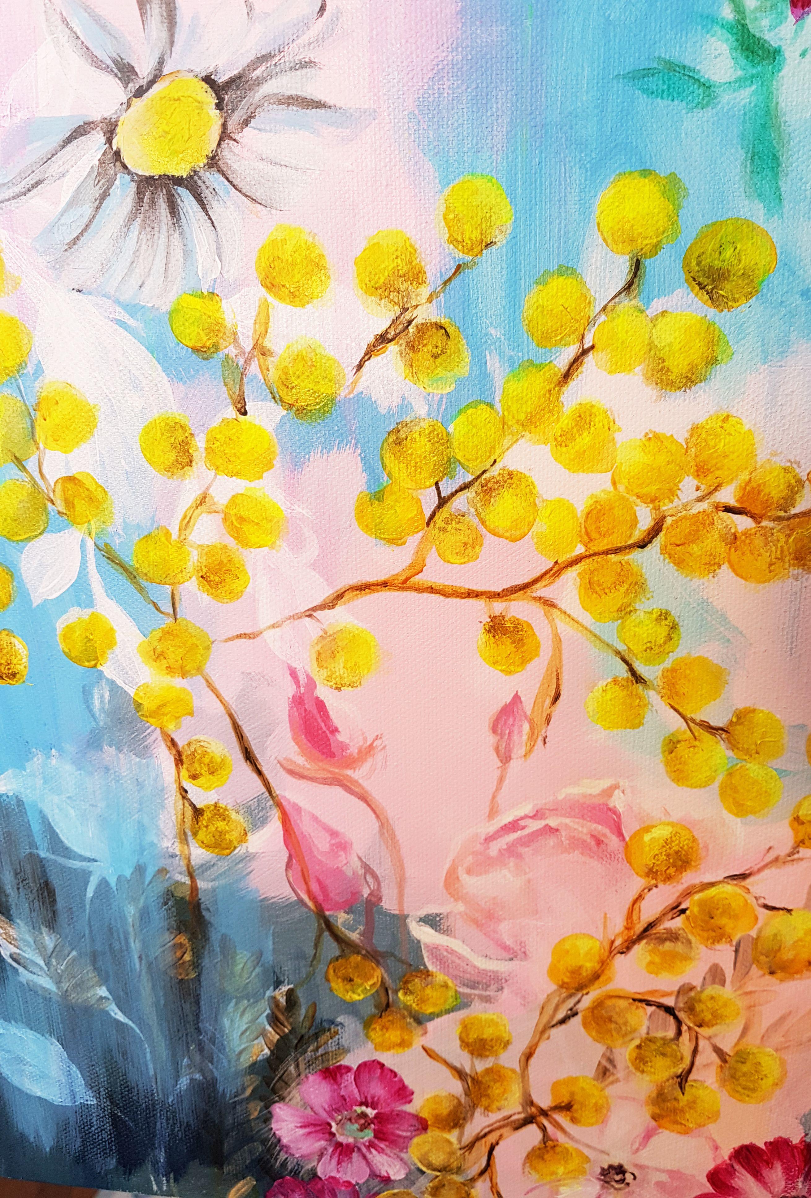 Yellow Mimosa, Painting, Acrylic on Canvas For Sale 2
