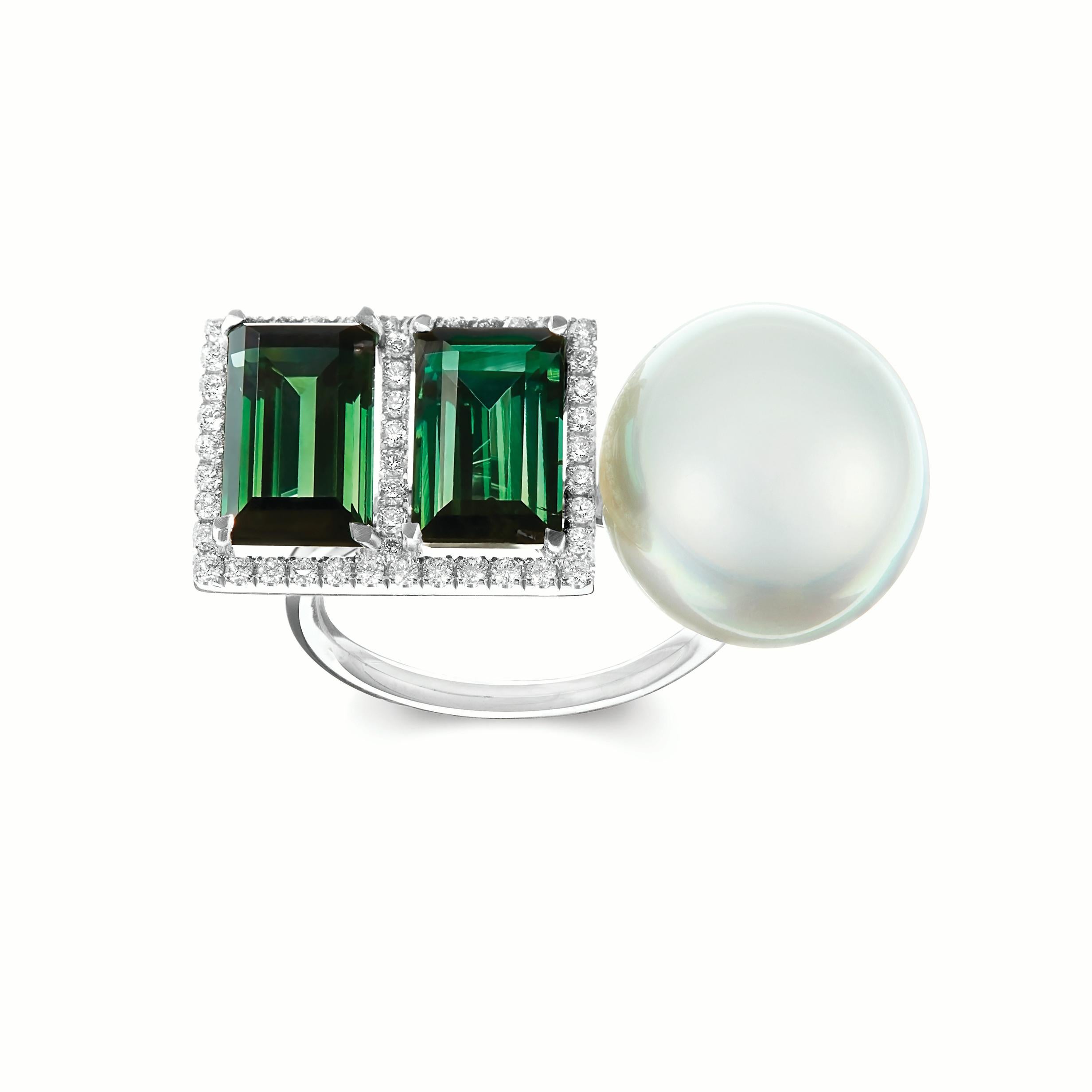 Baguette Cut Nadine Aysoy 18 Karat Gold, Green Tourmaline Baguette and South Sea Pearl Suite For Sale