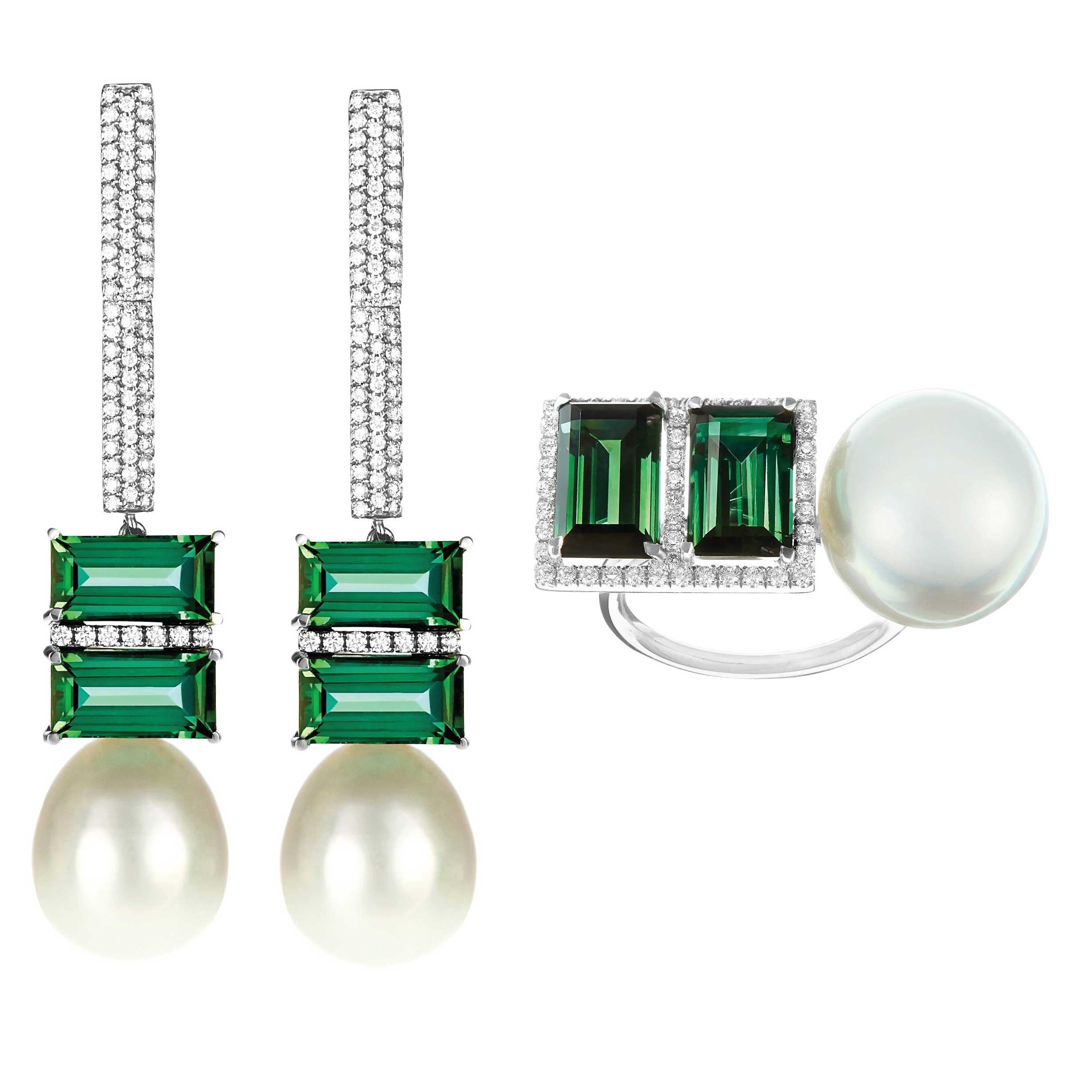 Nadine Aysoy 18 Karat Gold, Green Tourmaline Baguette and South Sea Pearl Suite For Sale