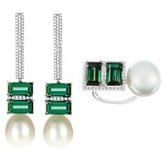 Nadine Aysoy 18 Karat Gold, Green Tourmaline Baguette and South Sea Pearl Suite