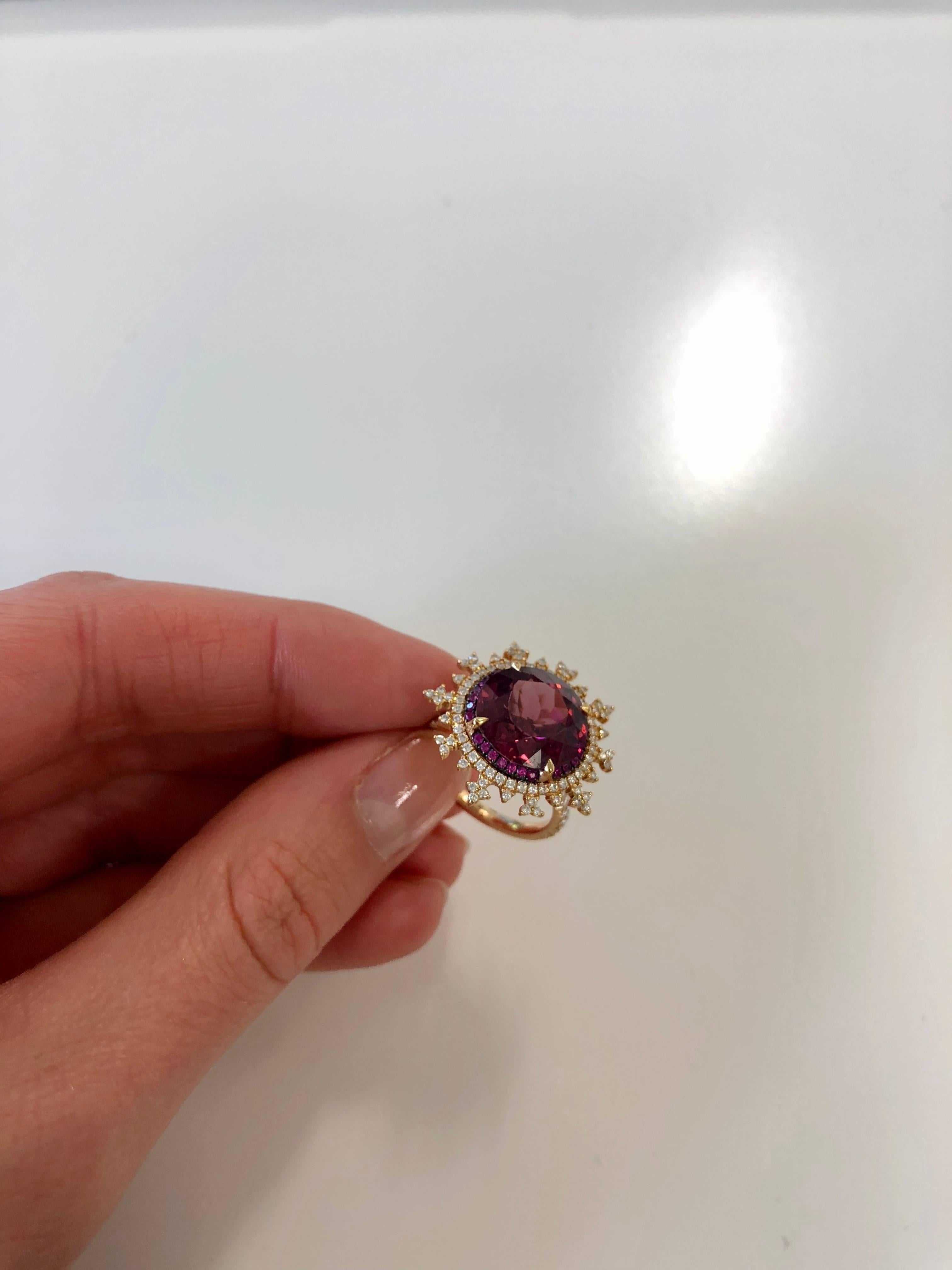 Nadine Aysoy 18 Karat Rose Gold, Red Rhodolite and White Diamond Cocktail Ring For Sale 1