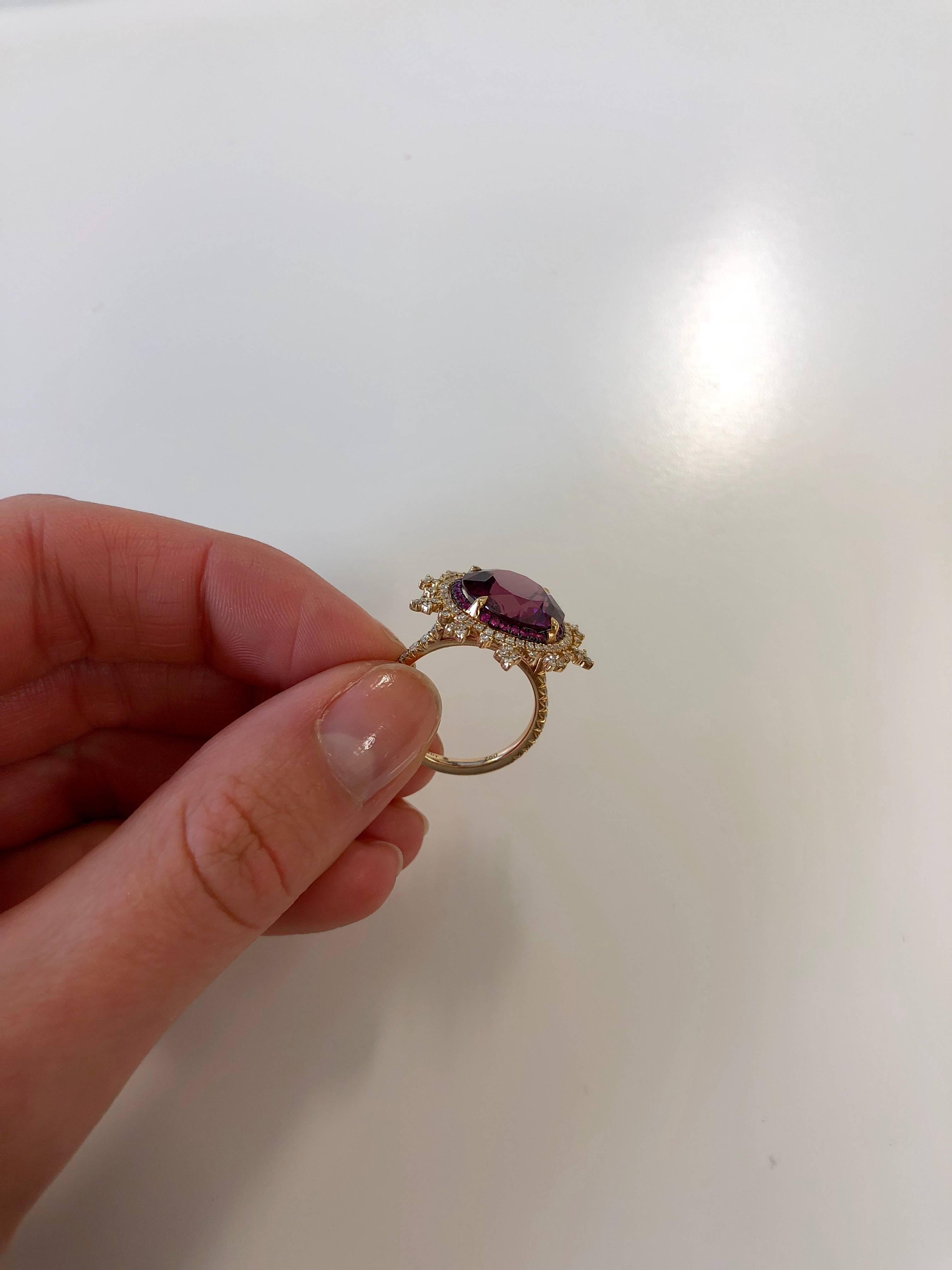 Nadine Aysoy 18 Karat Rose Gold, Red Rhodolite and White Diamond Cocktail Ring For Sale 2