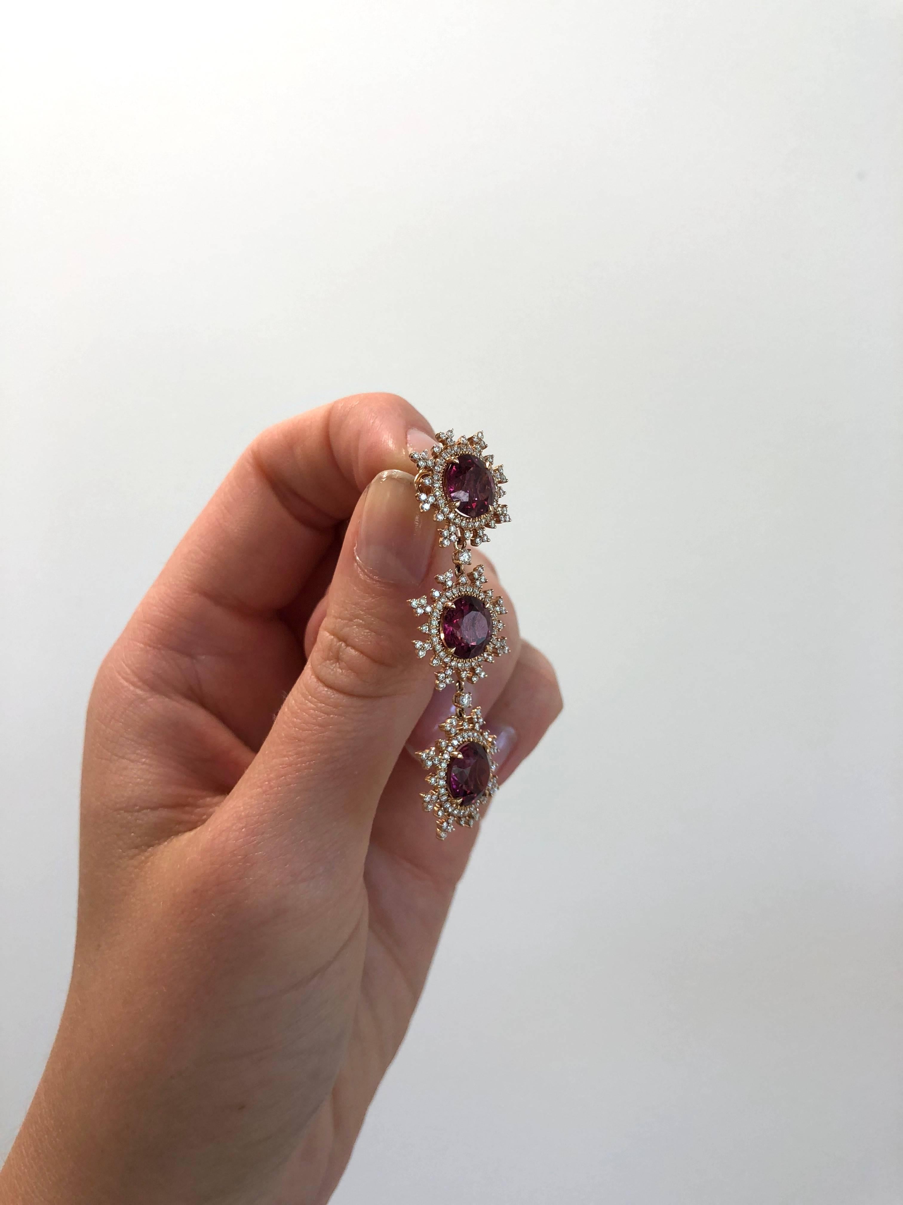 Nadine Aysoy 18 Karat Rose Gold Rhodolite Detachable White Diamond Drop Earrings For Sale 2