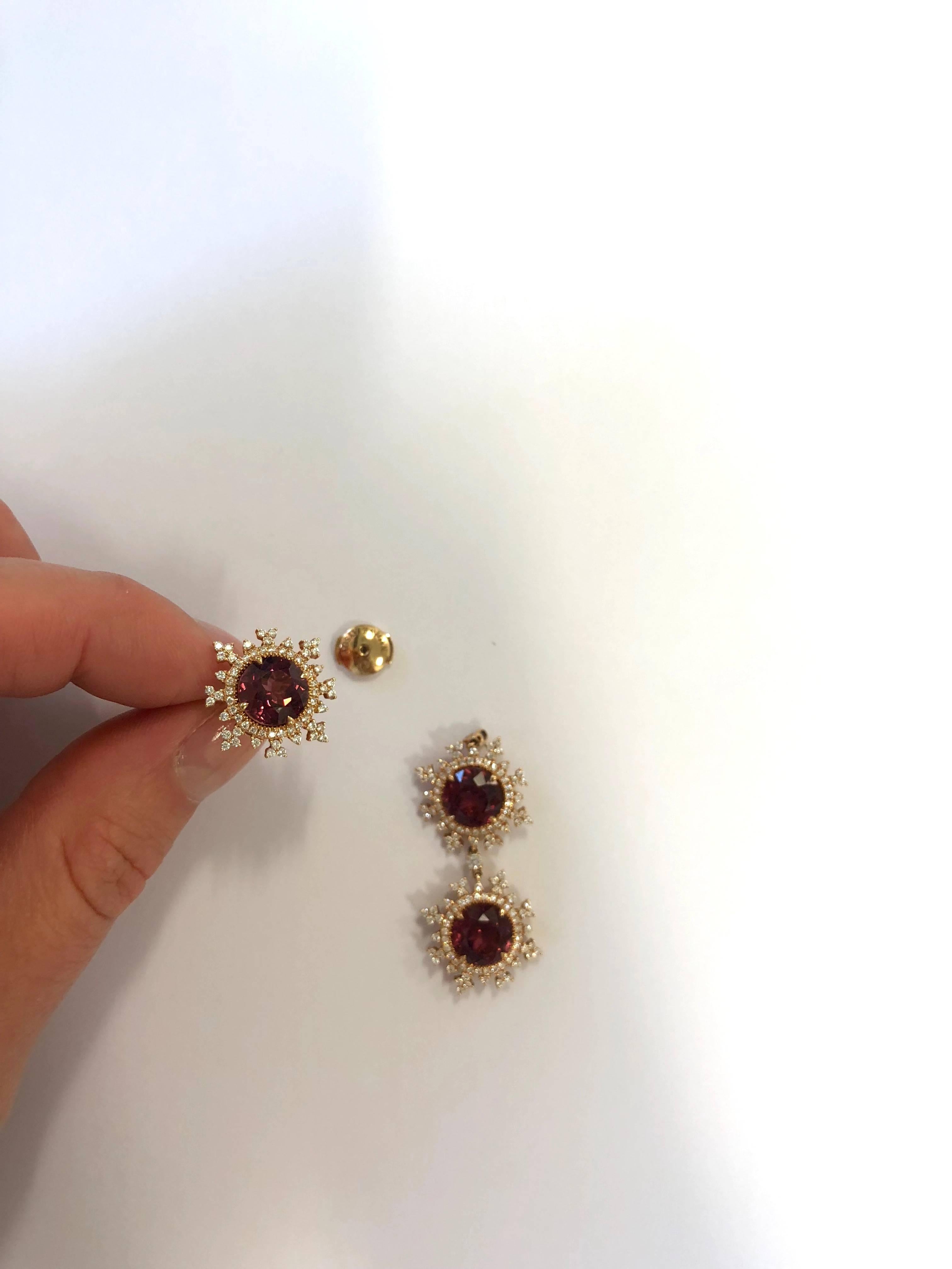 Nadine Aysoy 18 Karat Rose Gold Rhodolite Detachable White Diamond Drop Earrings For Sale 3