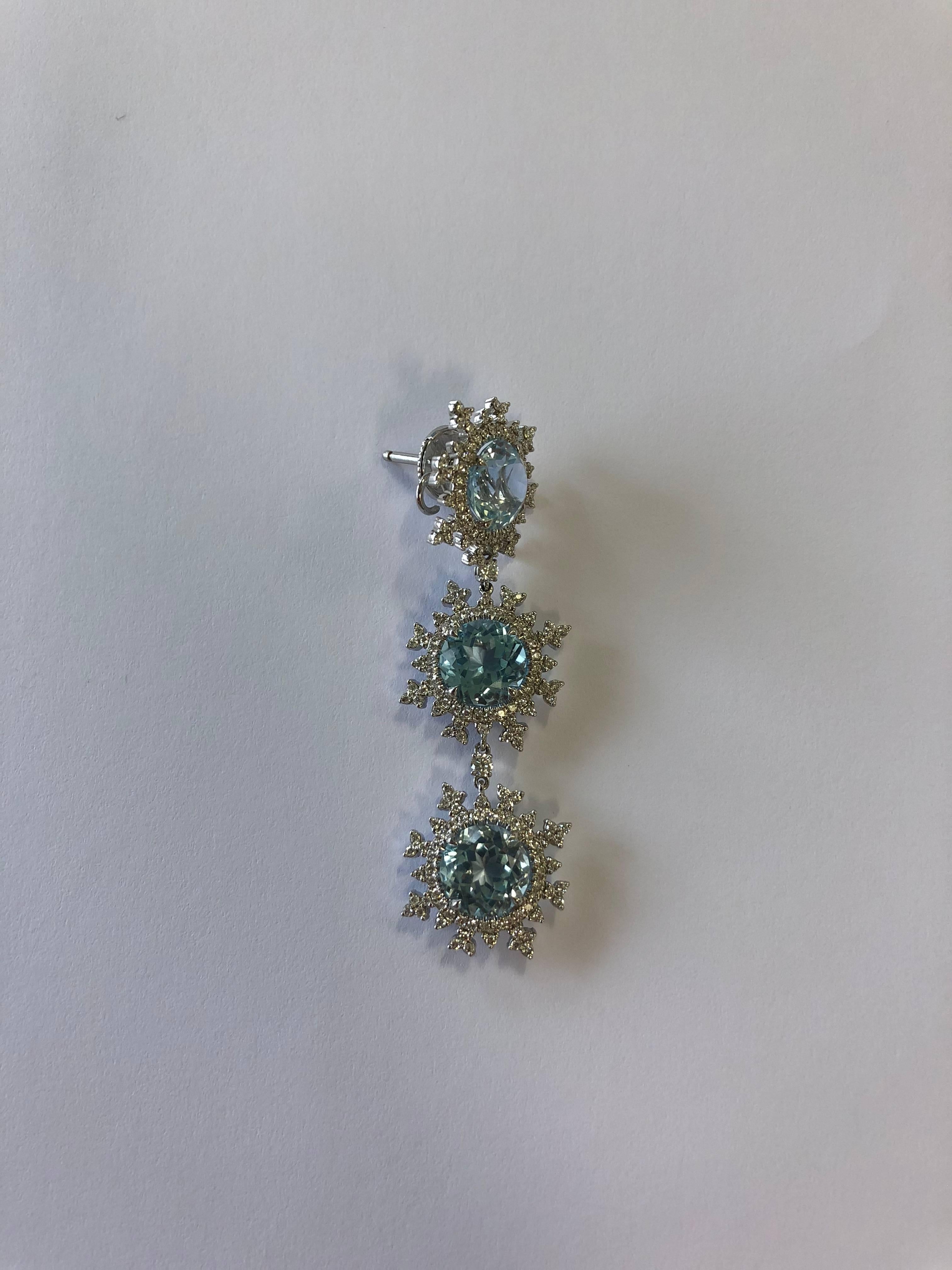 Round Cut Nadine Aysoy 18 Karat White Gold and Light Blue Topaz and Diamond Long Earrings For Sale