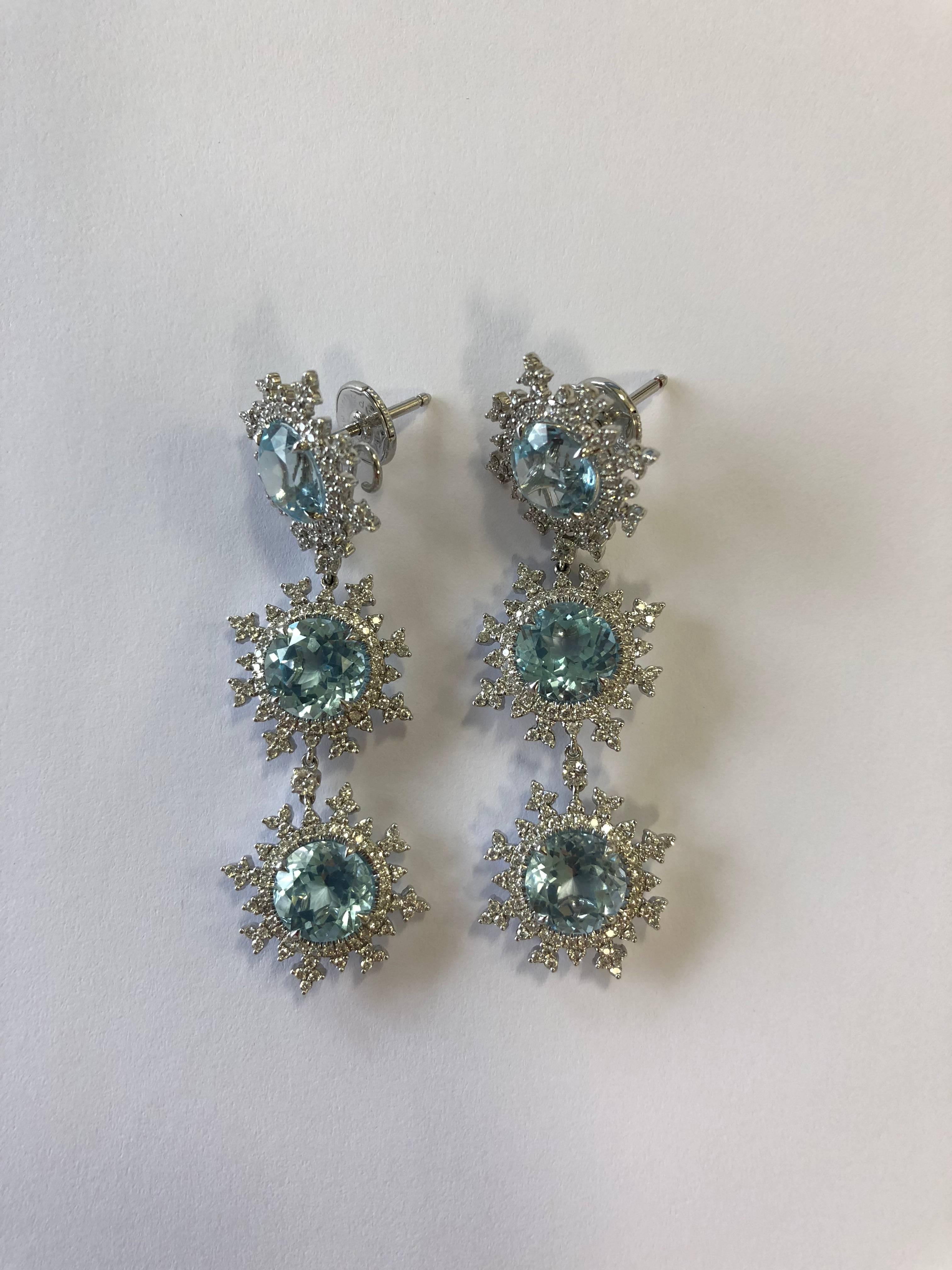 Nadine Aysoy 18 Karat White Gold and Light Blue Topaz and Diamond Long Earrings In New Condition For Sale In London, GB