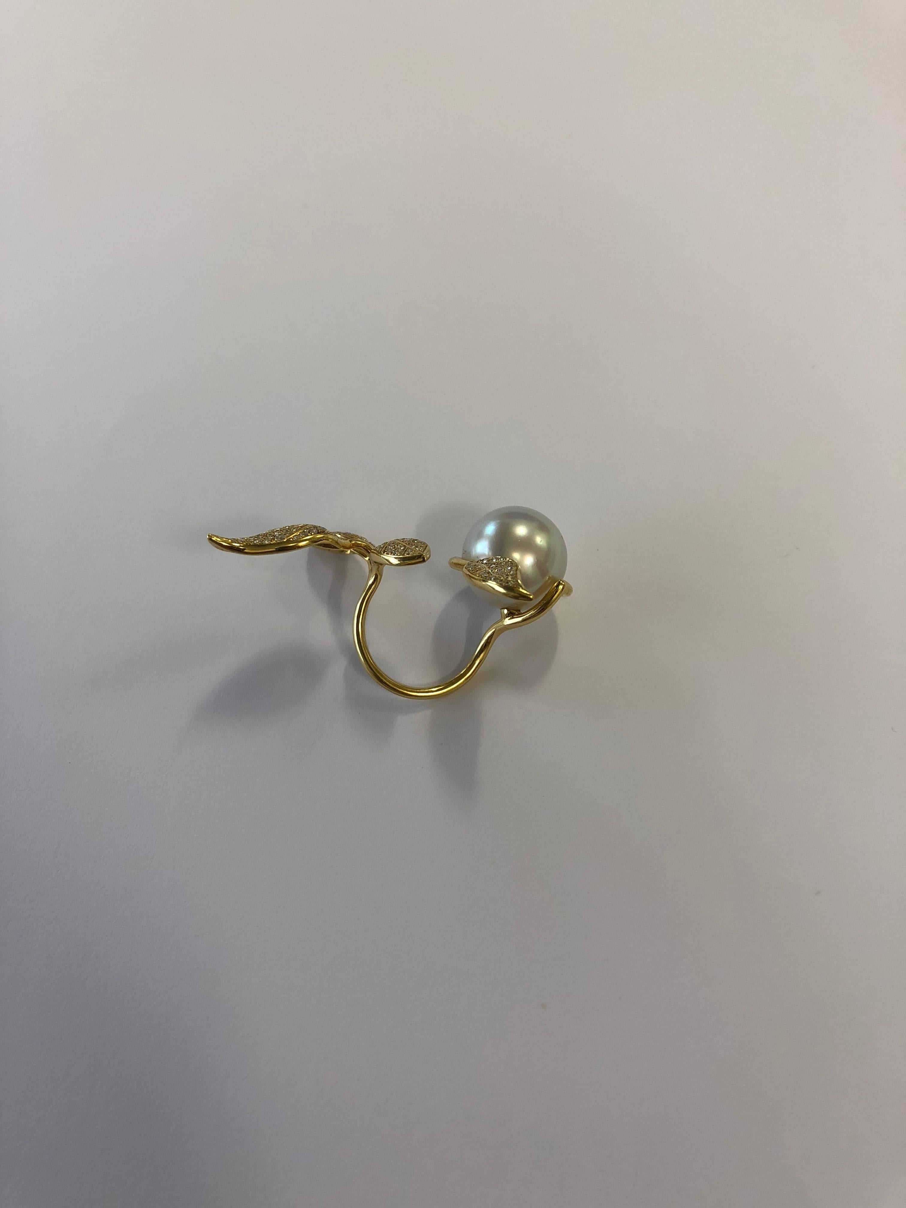 Round Cut Nadine Aysoy 18Karat Yellow Gold, Diamond and South Sea Pearl Leaf Cocktail Ring For Sale