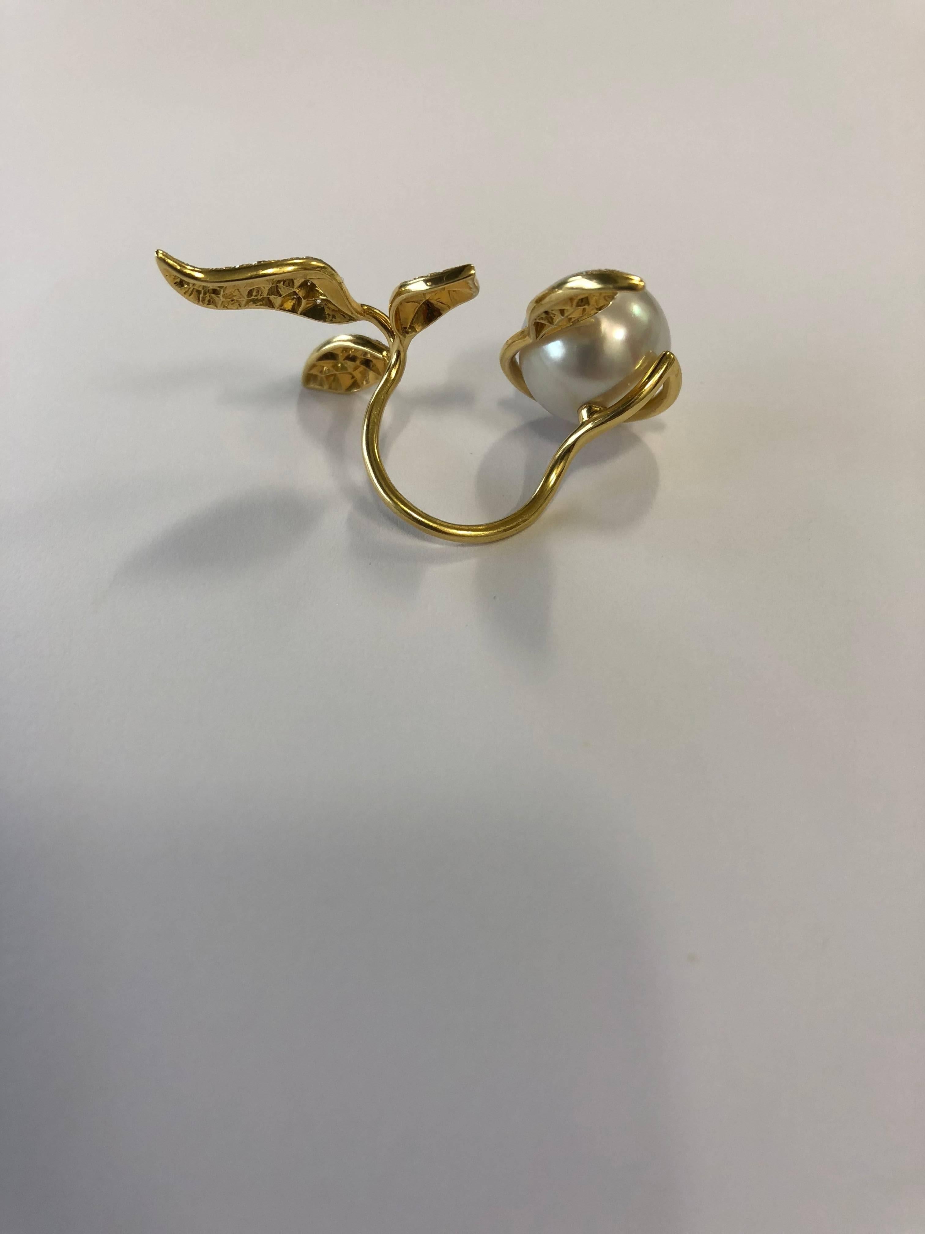Women's Nadine Aysoy 18Karat Yellow Gold, Diamond and South Sea Pearl Leaf Cocktail Ring For Sale