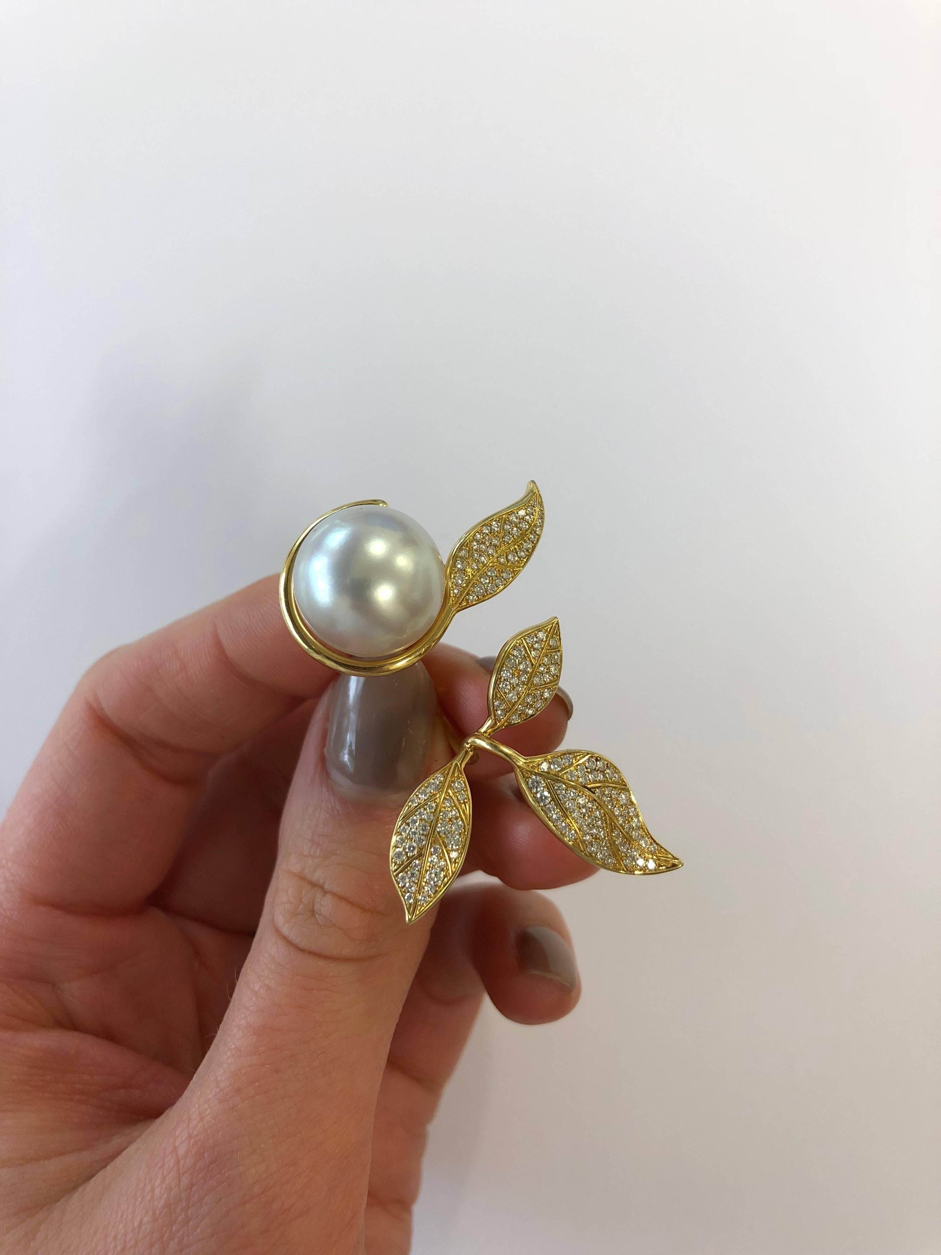 Nadine Aysoy 18Karat Yellow Gold, Diamond and South Sea Pearl Leaf Cocktail Ring For Sale 1