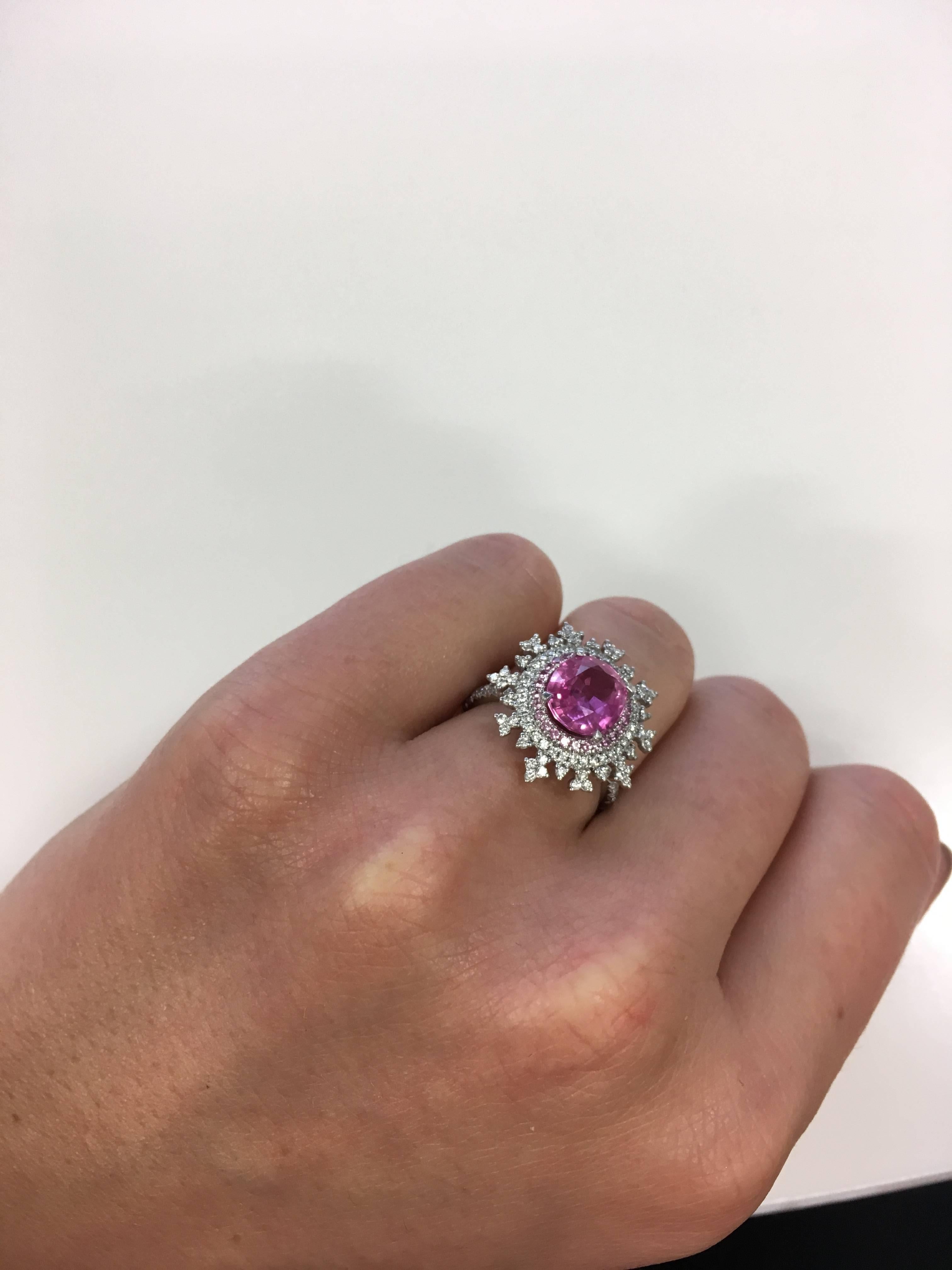 Nadine Aysoy 18Karat White Gold, Pink Sapphire and White Diamond Engagement Ring For Sale 1