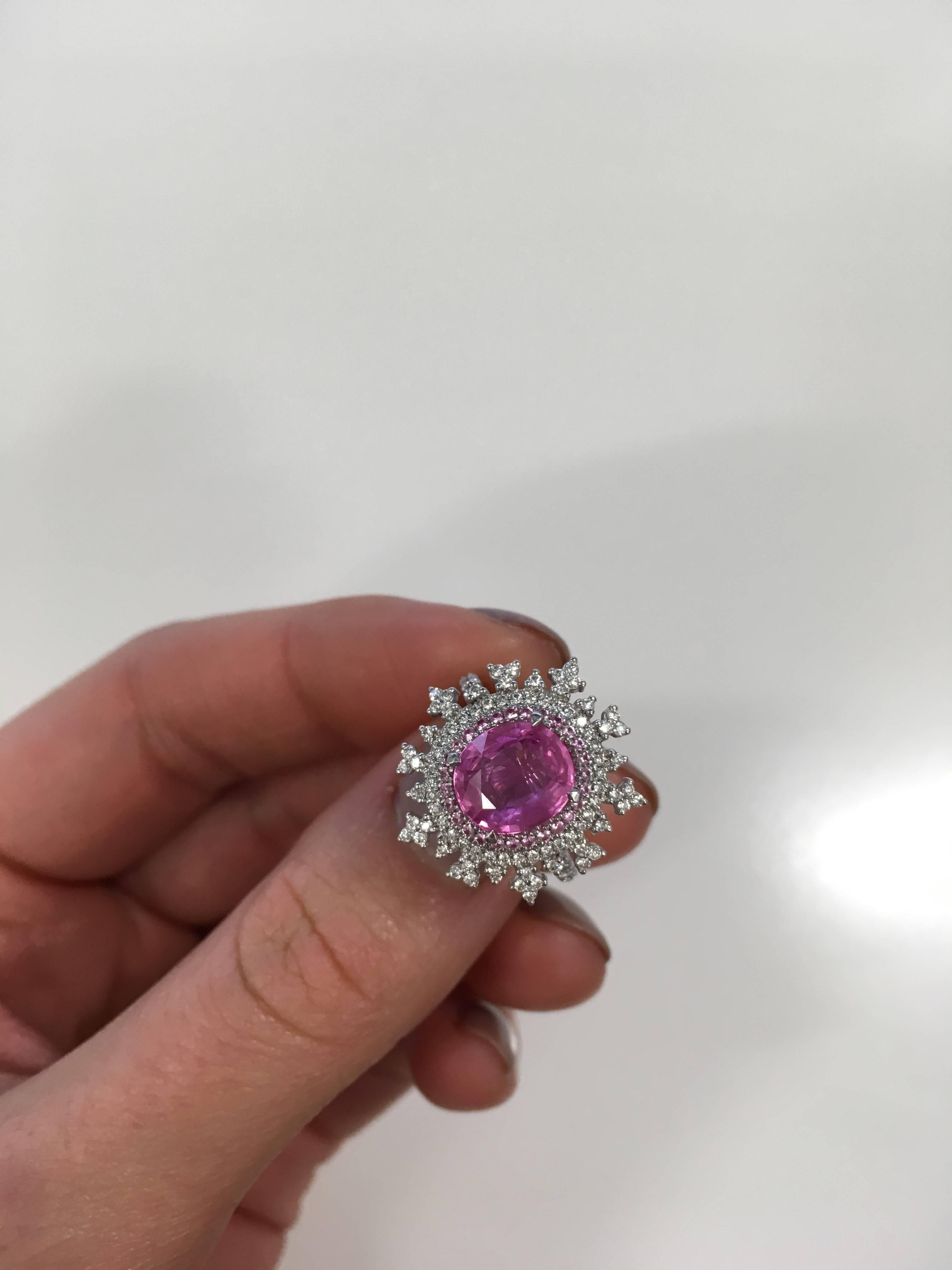Nadine Aysoy 18Karat White Gold, Pink Sapphire and White Diamond Engagement Ring For Sale 2