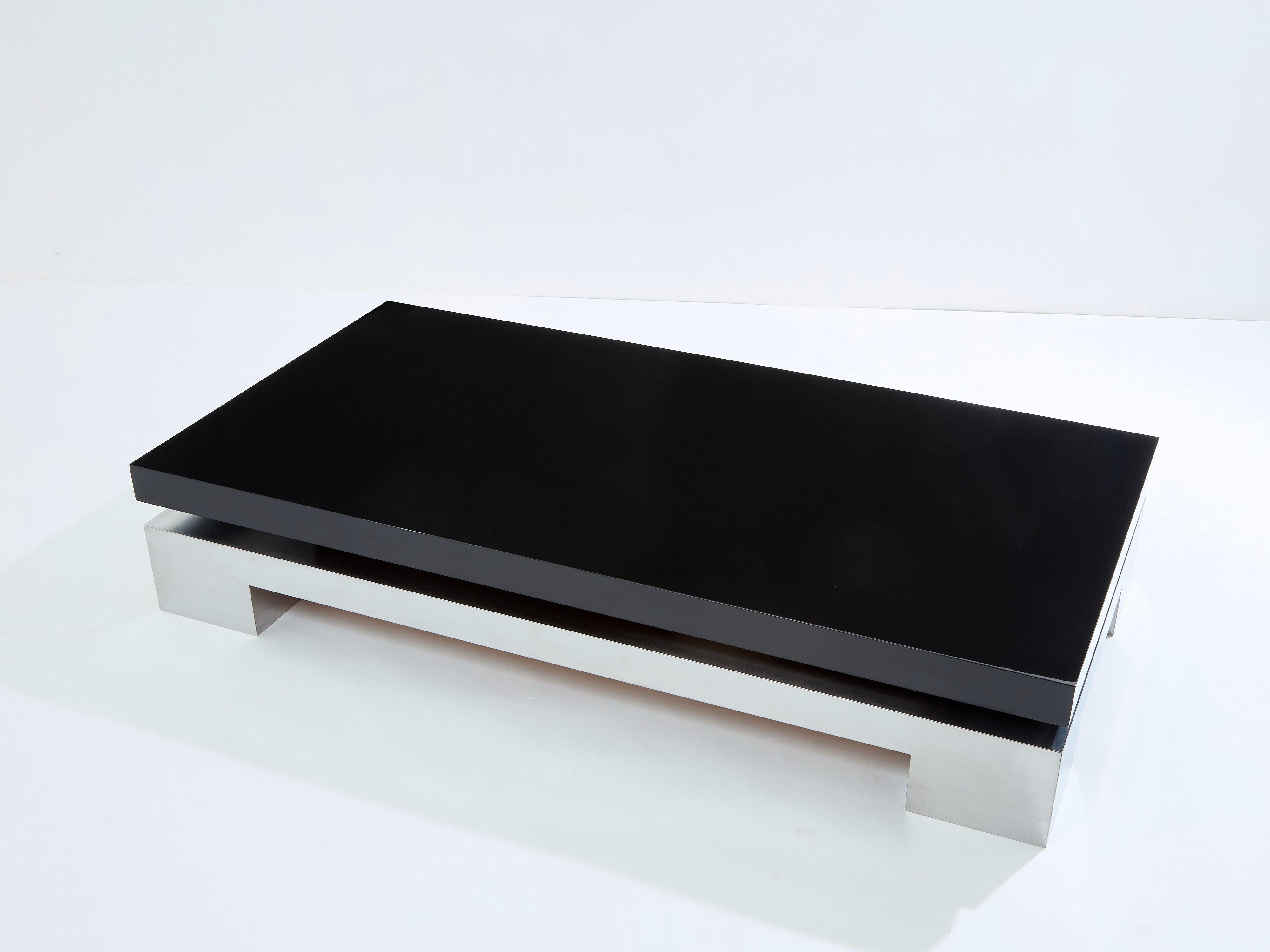 Mid-Century Modern Table basse en acier brossé laqué noir Nadine Charteret 1972 en vente
