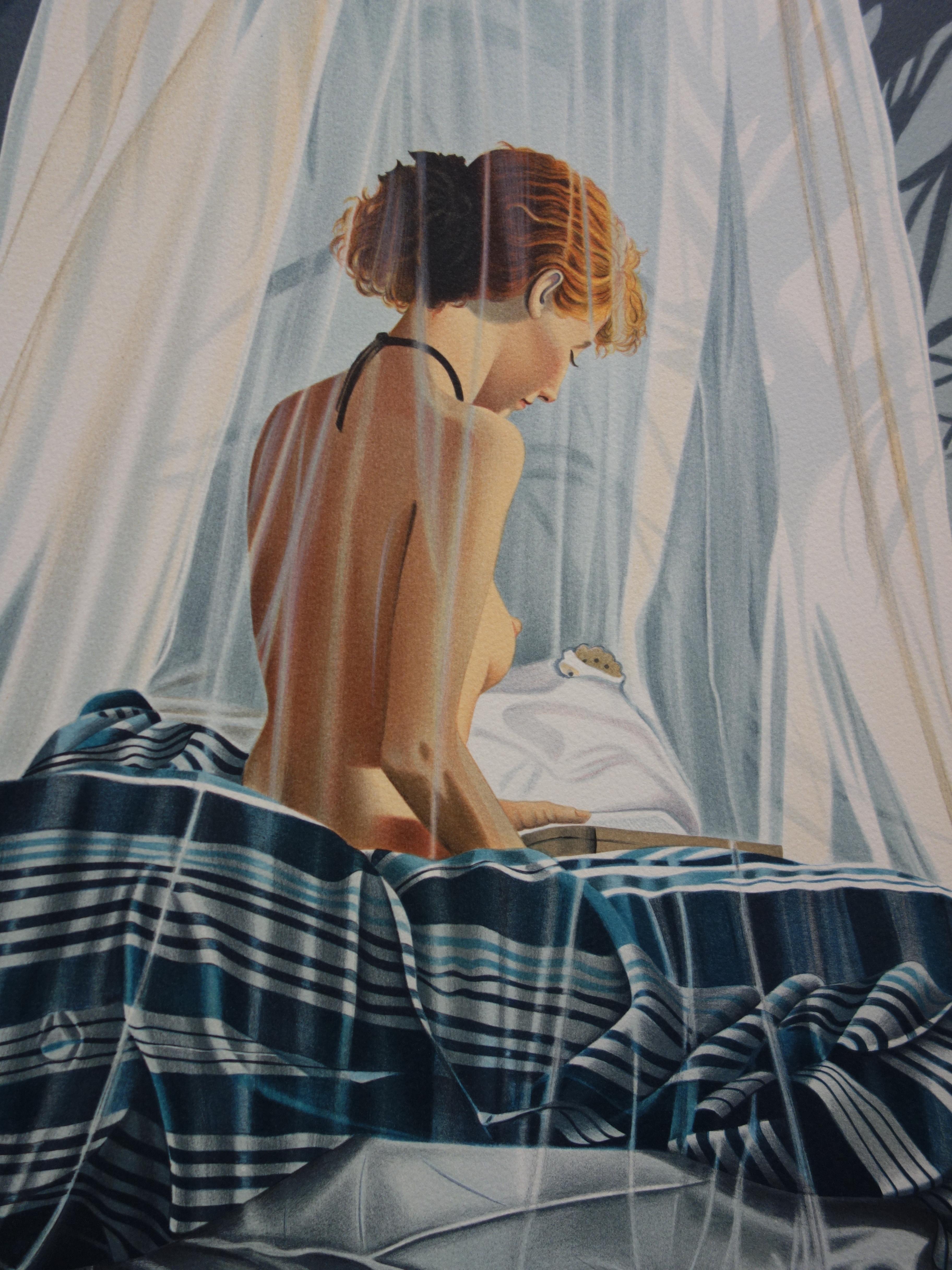 Undressed on the Bed - Original handsigned lithograph - Gray Figurative Print by Nadine Le Prince