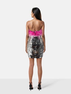 Nadine Merabi Silver Sequin & Feather Trim Cindy Dress Size S