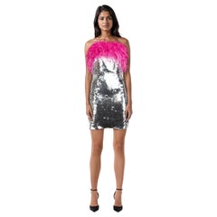 Nadine Merabi Silver Sequin 
Feather Trim Cindy Dress Size S
