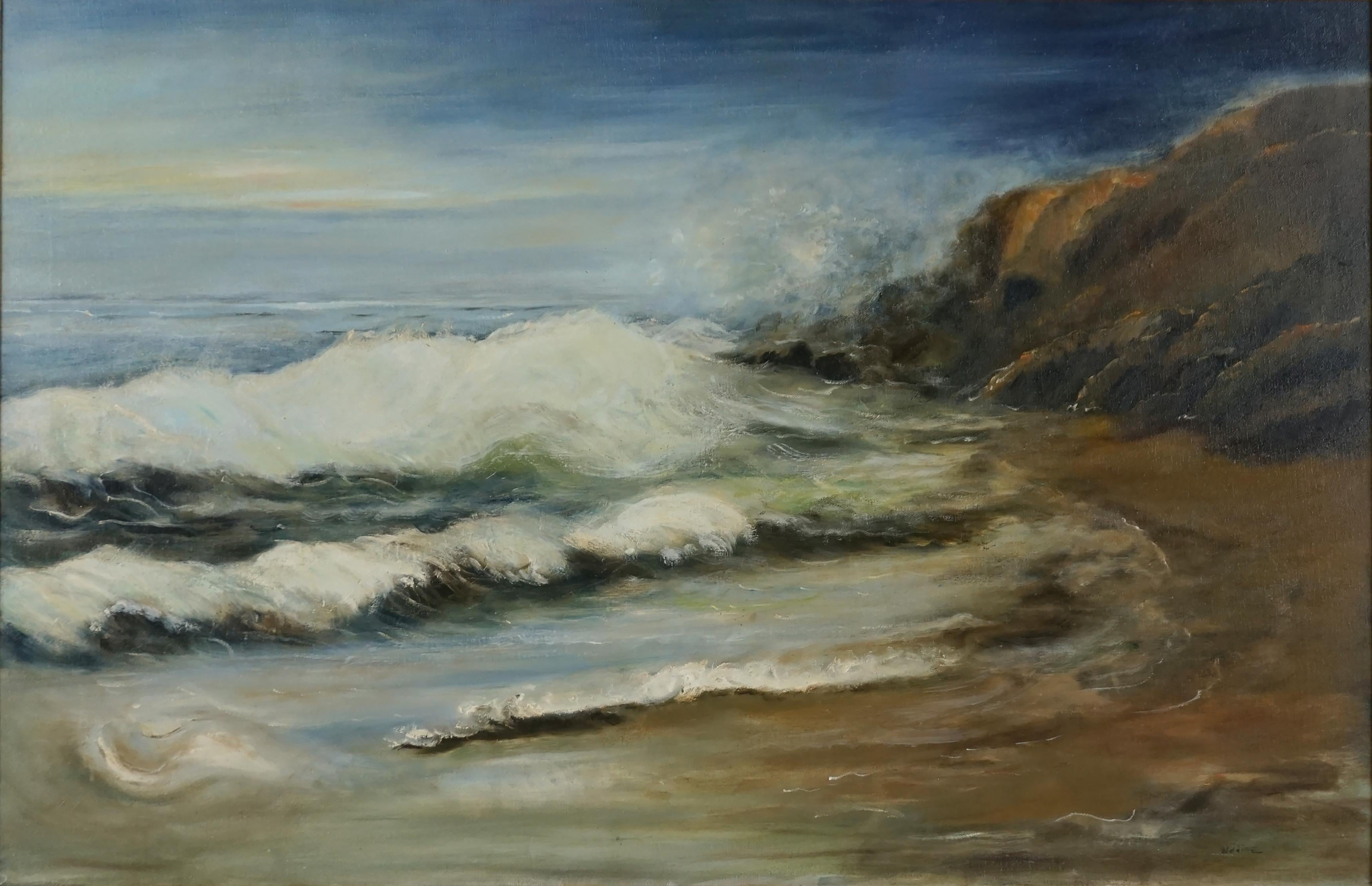 Pittura a olio d'epoca di un paesaggio marino della California meridionale - Painting di Nadine Pollard