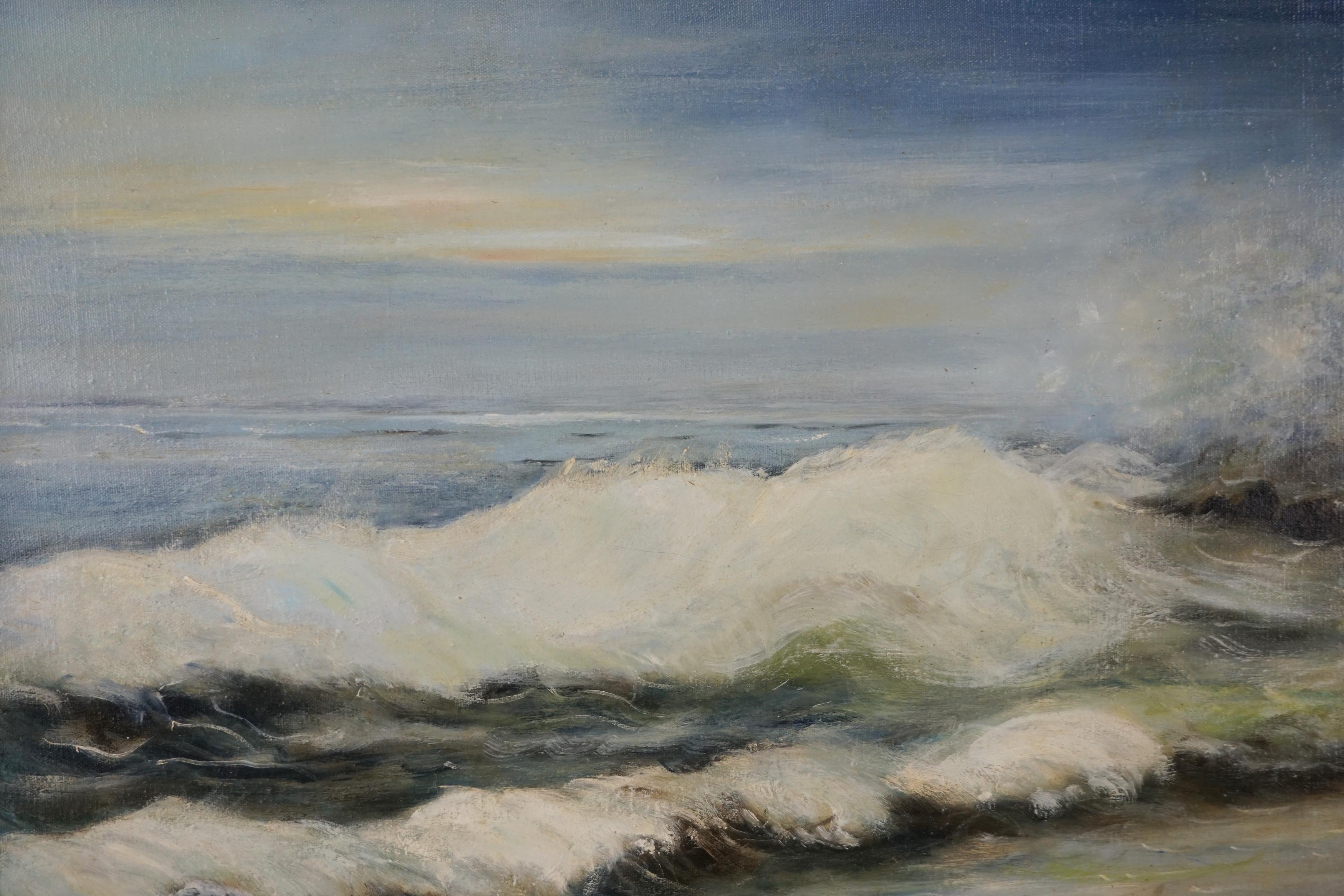 Pittura a olio d'epoca di un paesaggio marino della California meridionale - Landscape Painting Marrone di Nadine Pollard