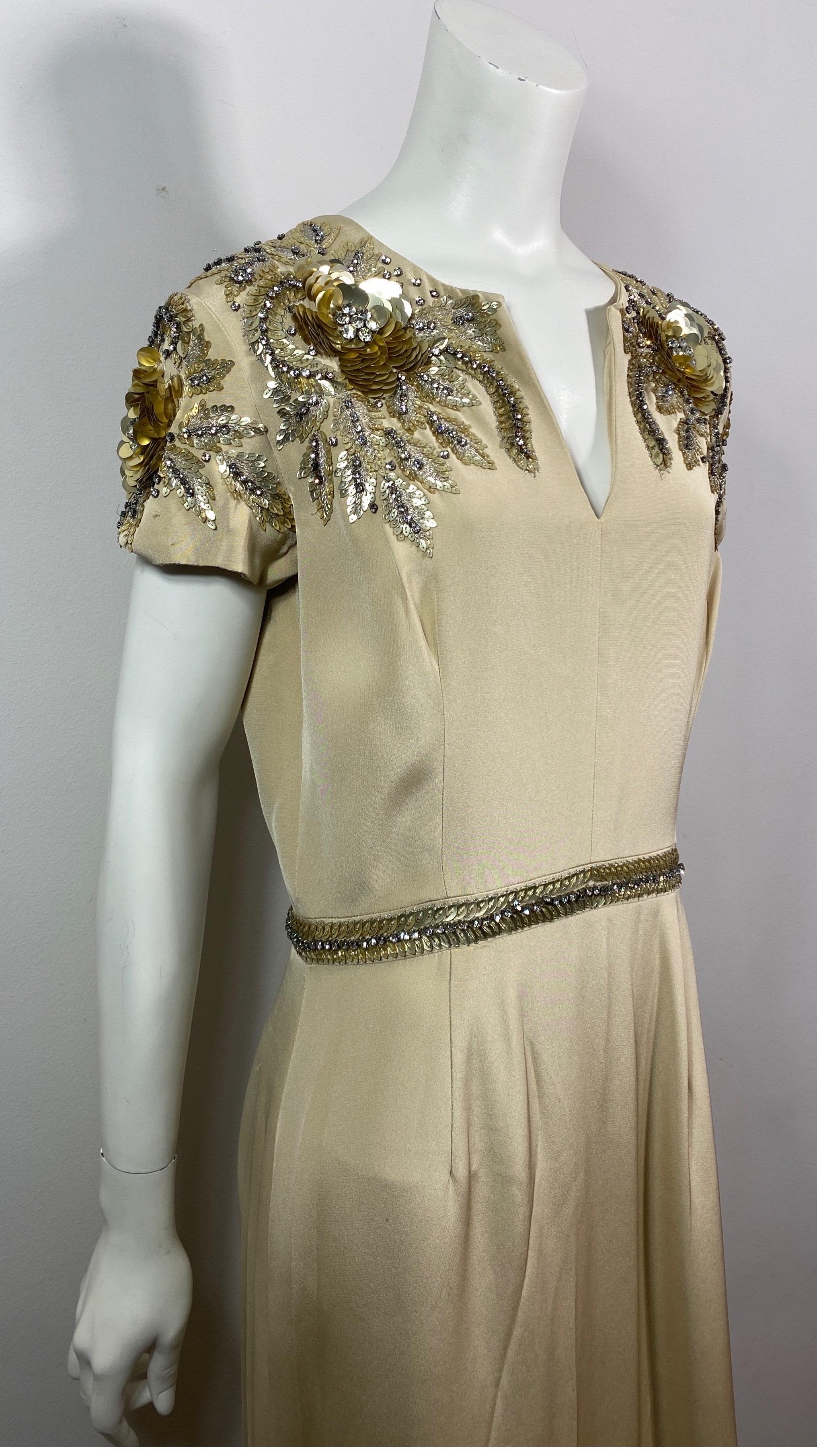 Naeem Kahn Heavily Embellished Champagne Silk Gown-Size 10 In Good Condition For Sale In West Palm Beach, FL