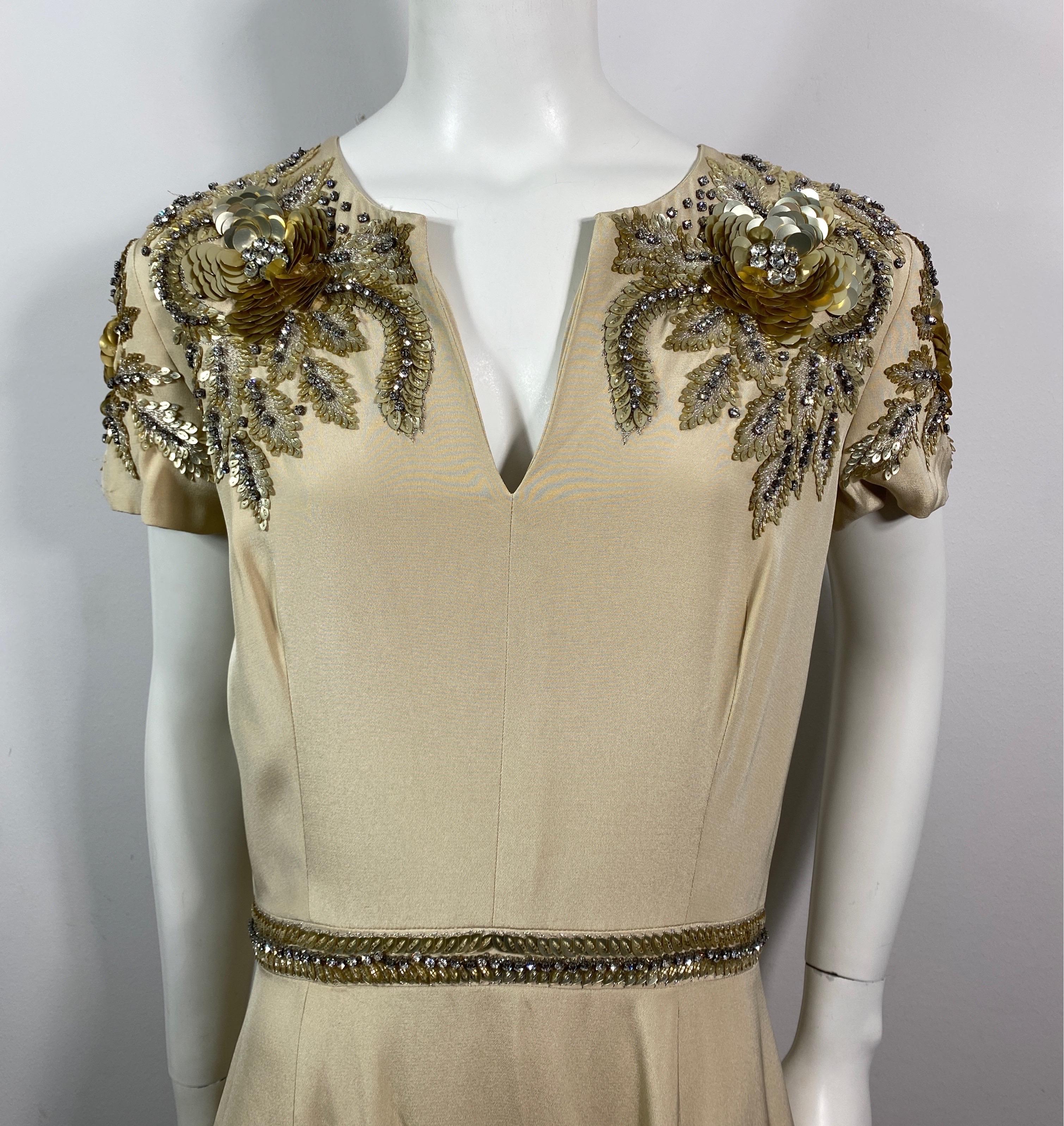 Women's Naeem Kahn Heavily Embellished Champagne Silk Gown-Size 10 For Sale