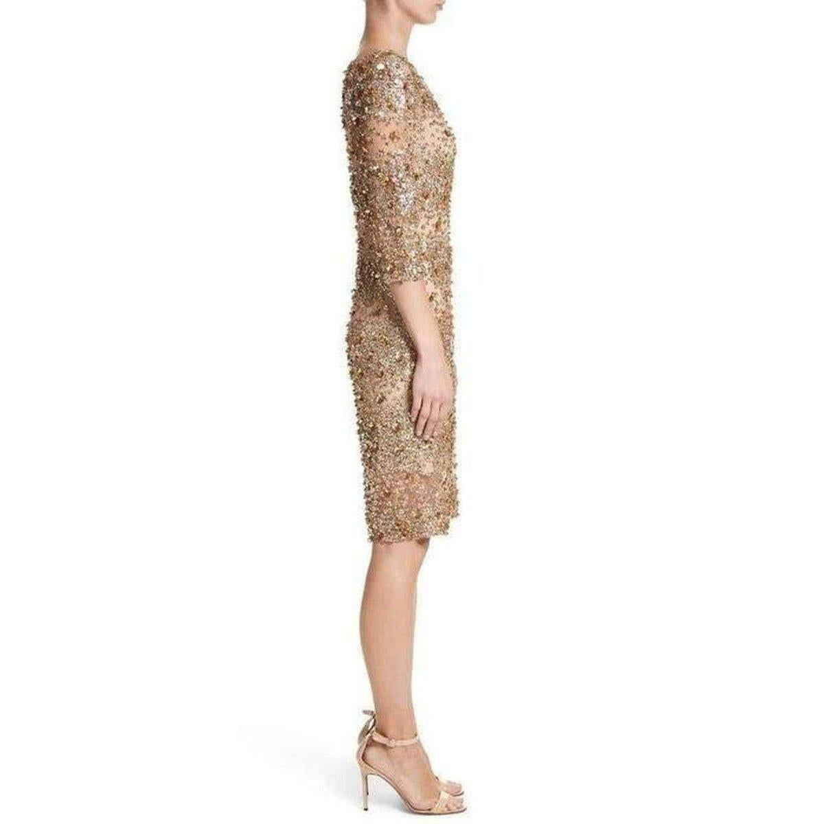 Naeem Khan Beaded Gold Fitted Cocktail Dress US4 In New Condition For Sale In Brossard, QC