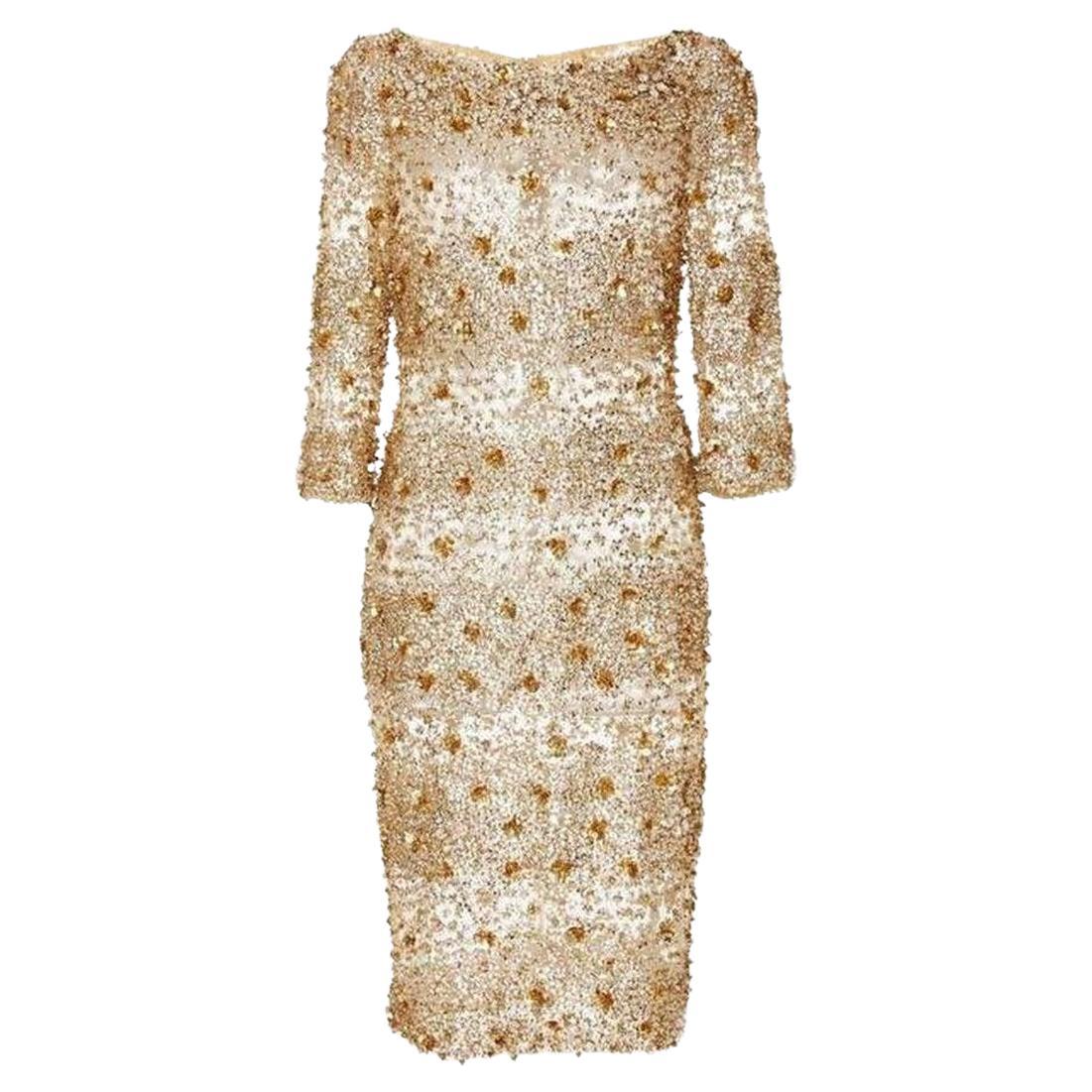Naeem Khan Beaded Gold Fitted Cocktail Dress US4